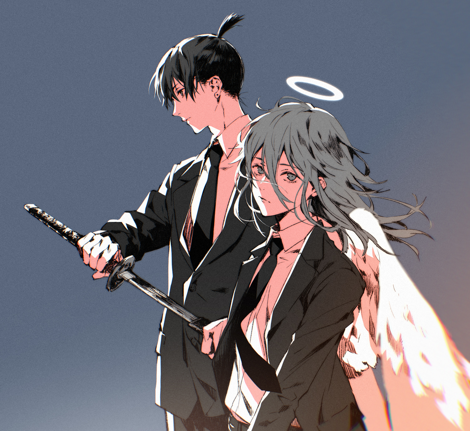 akke (akke299), angel devil (chainsaw man), hayakawa aki, chainsaw man, highres, 2boys, angel wings, black hair, black necktie, black pants, black suit, collared shirt, cowboy shot, drawing sword, earrings, formal clothes, grey background, grey hair, hair between eyes, halo, holding, holding sword, holding weapon, jacket, jewelry, katana, limited palette, long hair, male focus, multiple boys, necktie, pants, ponytail, shirt, short ponytail, suit, suit jacket, sword, upper body, weapon, white shirt, wings