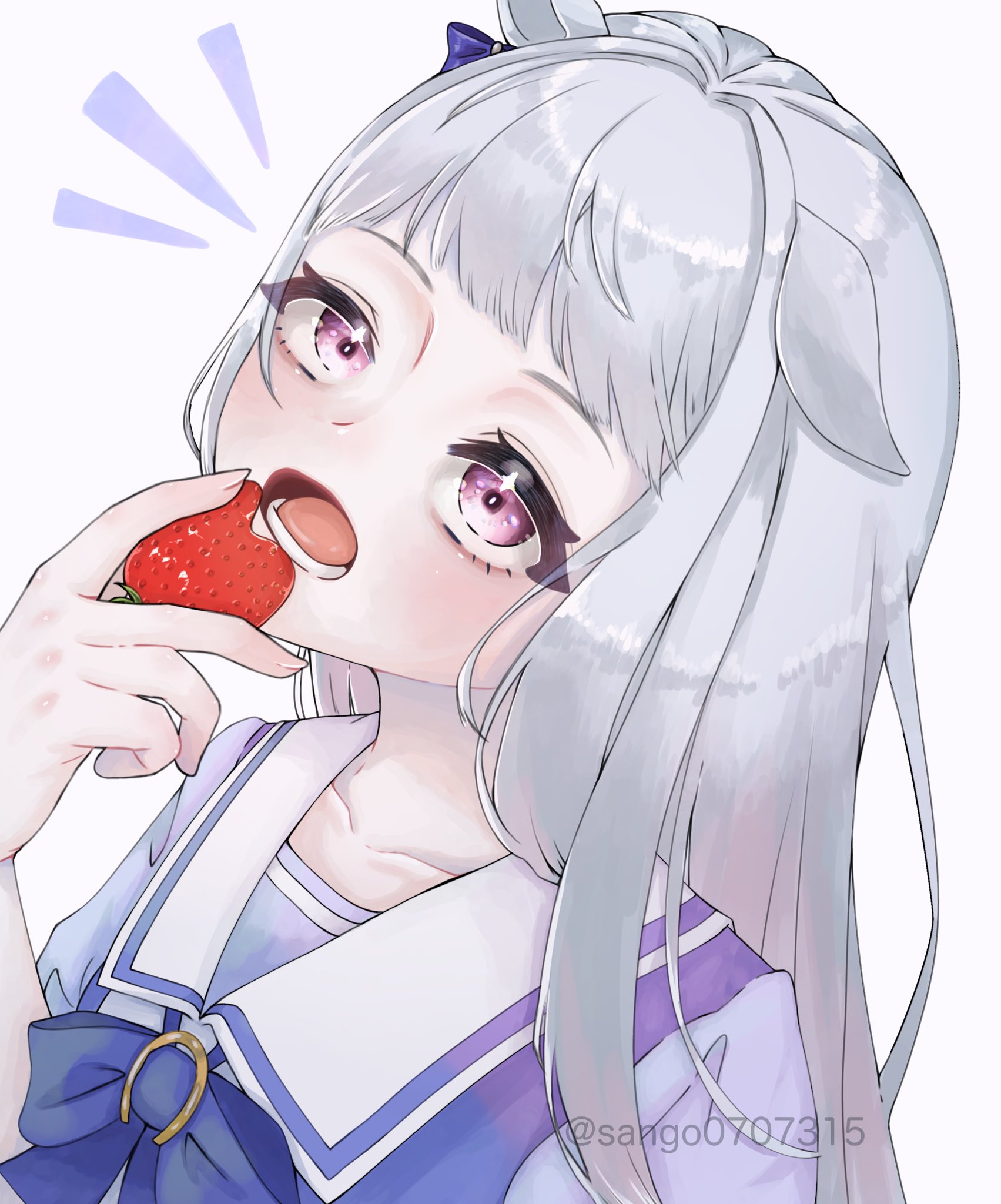 sango0707315, gold ship (umamusume), umamusume, highres, 1girl, animal ears, blue ribbon, blunt bangs, bow, bowtie, collarbone, ear ribbon, food, fruit, grey eyes, grey hair, head tilt, holding, holding food, holding fruit, horse ears, horse girl, long hair, open mouth, purple bow, purple bowtie, purple shirt, ribbon, sailor collar, school uniform, shirt, simple background, single ear down, solo, strawberry, tracen school uniform, twitter username, very long hair, white background, white sailor collar