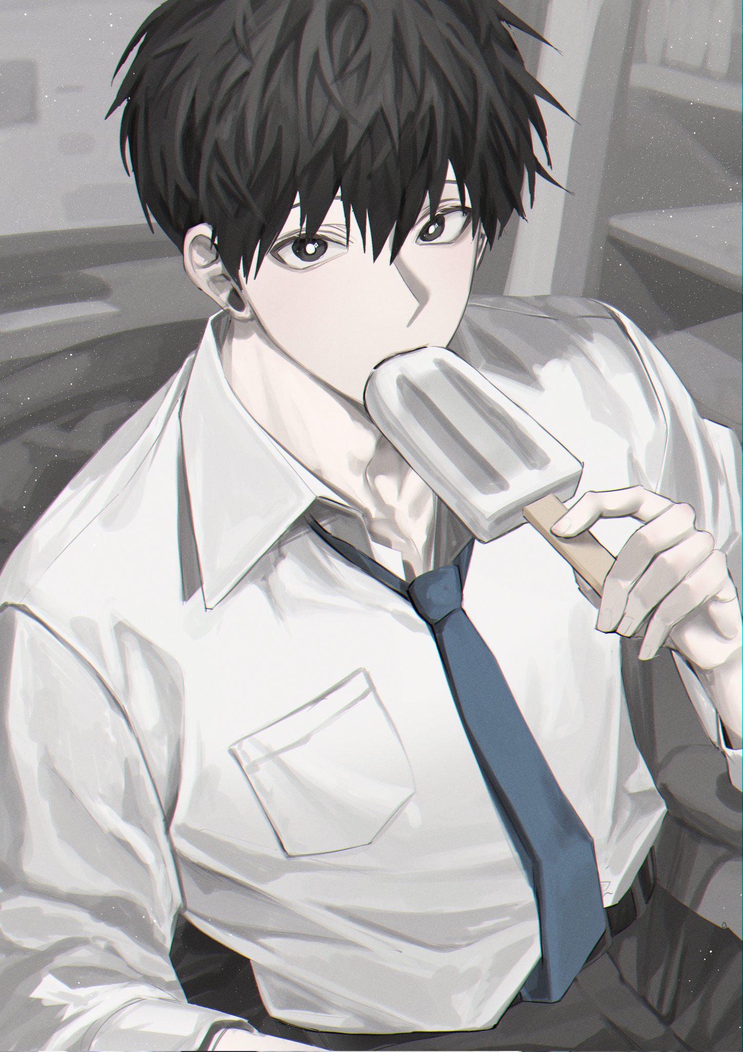 narak, kim dokja, omniscient reader's viewpoint, commentary request, highres, korean commentary, 1boy, aegyo sal, black eyes, black hair, blue necktie, bright pupils, collared shirt, cowboy shot, eating, food, hand up, holding, holding food, holding ice cream, ice cream, looking at viewer, male focus, necktie, shirt, short hair, solo, white pupils, white shirt
