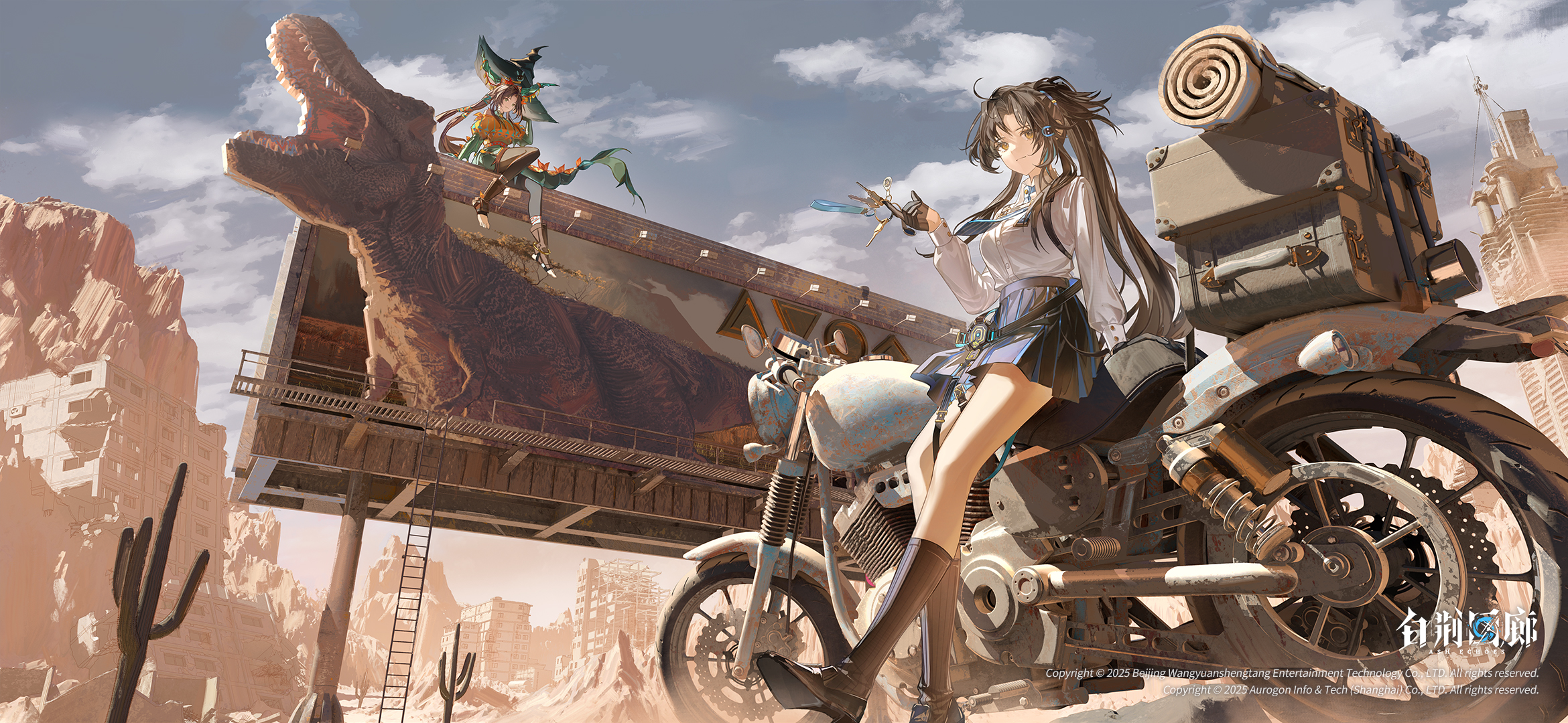 ata-zhubo, ash echoes, character request, highres, 2girls, black gloves, brown hair, brown socks, cactus, cloud, day, dinosaur, full body, gloves, hat, key, kneehighs, ladder, large hat, leaning back, long hair, long sleeves, motor vehicle, motorcycle, mountain, multiple girls, outdoors, parted bangs, pleated skirt, shirt, shoes, sitting, skirt, sky, socks, suitcase, sunlight, witch hat