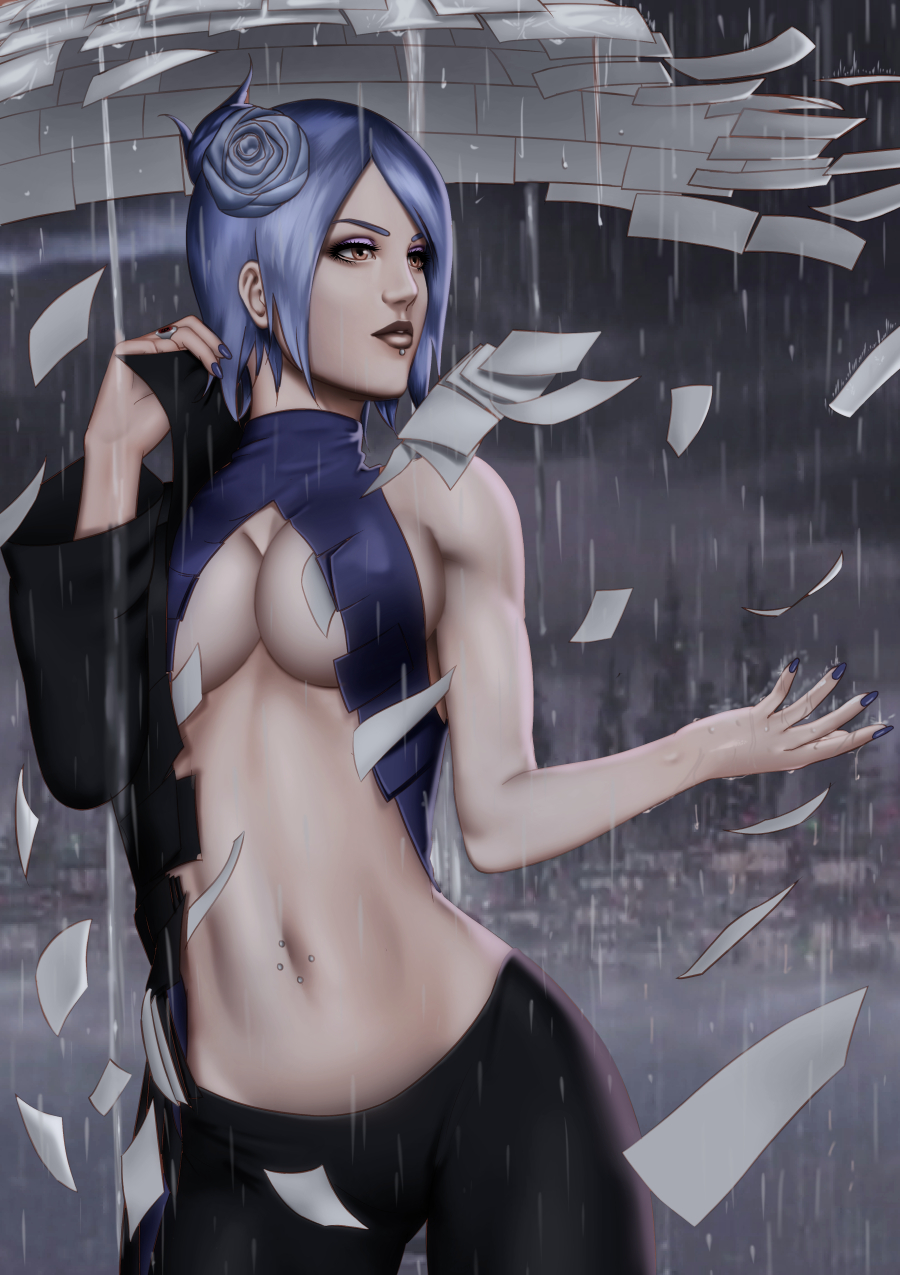 konan (naruto), naruto (classic), naruto (series), naruto shippuuden, highres, 1girl, angel, breasts, closed mouth, dress, face piercing, hair ornament, labret piercing, large breasts, lip piercing, makeup, navel, ninja, orange eyes, paper, papyrokinesis, piercing, purple hair, rain, short hair, solo, splainter