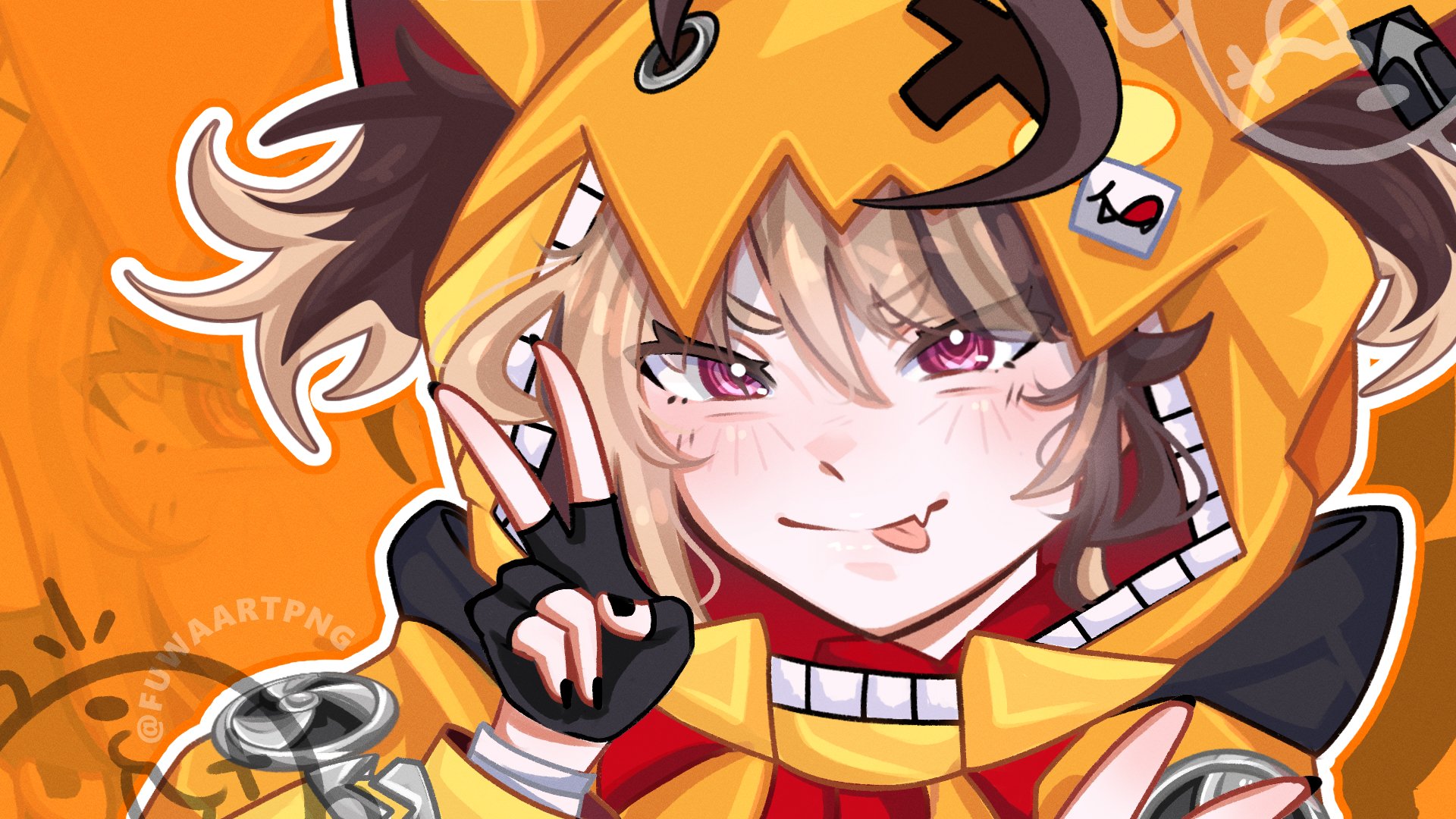 gigi murin, highres, ahoge, blonde hair, brown hair, fuwaartpng, hat, looking at viewer, orange background, short hair, simple background, smile, virtual youtuber