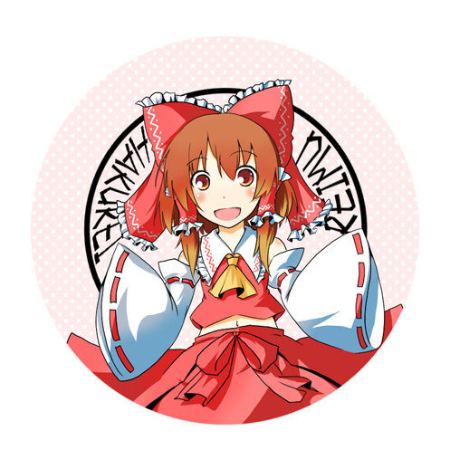 kinsenka, hakurei reimu, touhou, lowres, 1girl, bow, bow skirt, brown eyes, brown hair, character name, detached sleeves, female focus, hair bow, japanese clothes, miko, skirt, solo