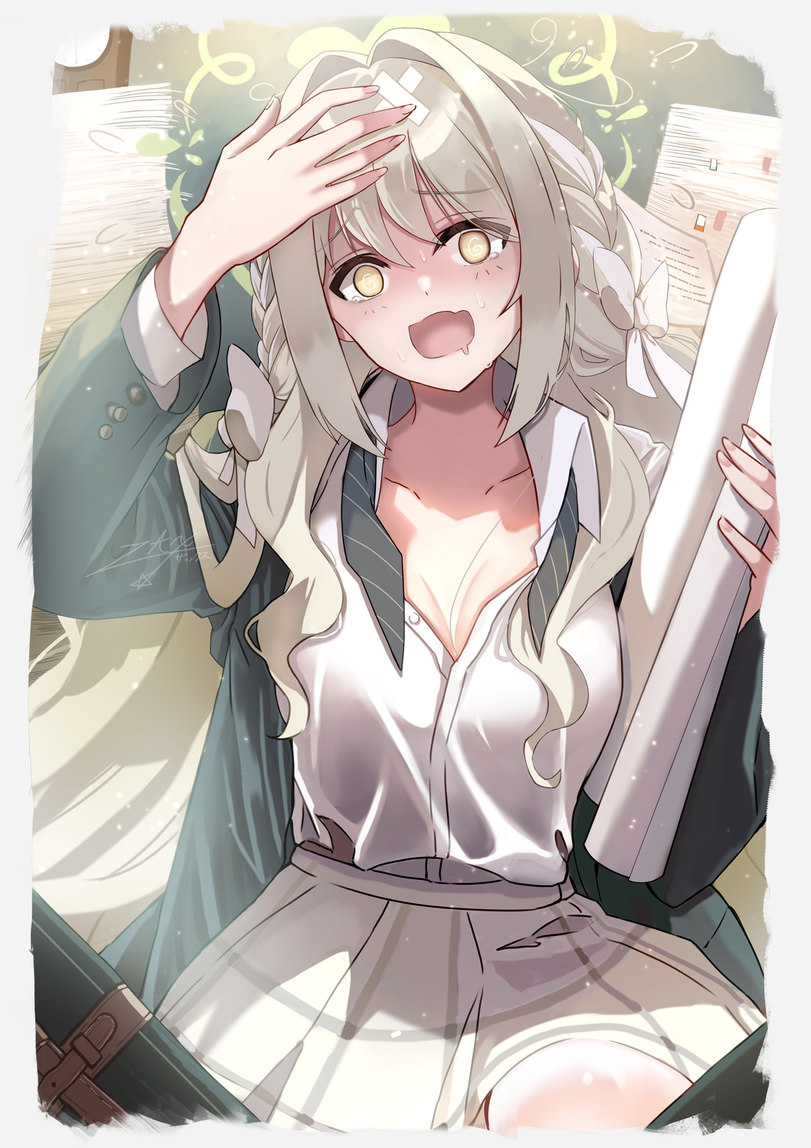 kaji zarame, miyo (blue archive), blue archive, hazel eyes, highres, 1girl, @ @, braid, breasts, cleavage, embarrassed, green halo, grey skirt, hair ribbon, halo, open mouth, ribbon, ribbon braid, rolled up paper, school uniform, skirt, solo