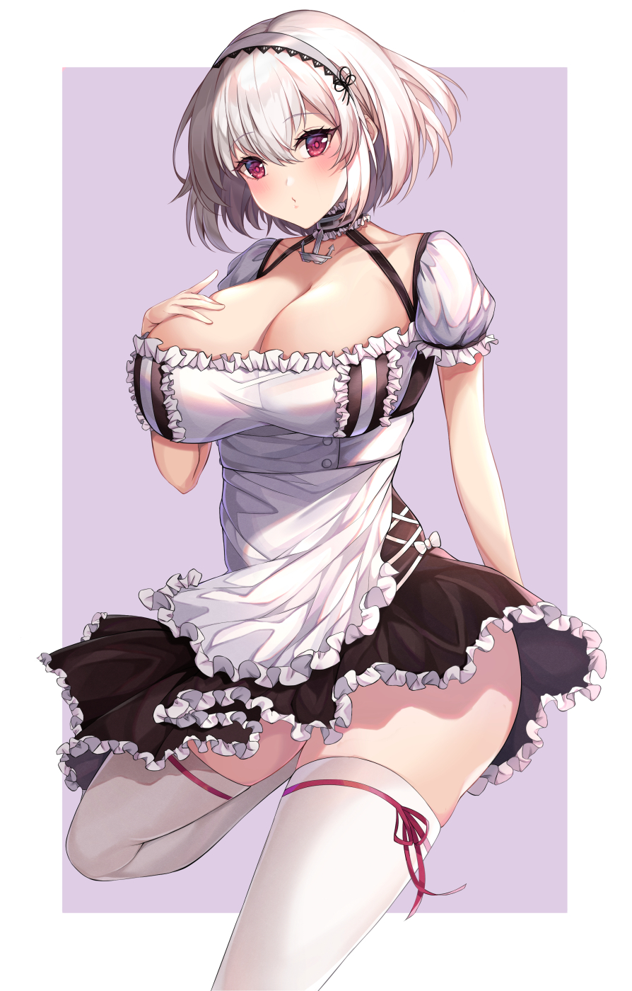asm ln, sirius (azur lane), azur lane, commentary request, highres, 1girl, black dress, breasts, choker, cleavage, dress, frilled choker, frills, hair between eyes, hairband, hand on own chest, lace-trimmed hairband, lace trim, large breasts, looking at viewer, puffy short sleeves, puffy sleeves, red eyes, short hair, short sleeves, simple background, solo, thighhighs, two-tone background, white hair, white thighhighs, zettai ryouiki