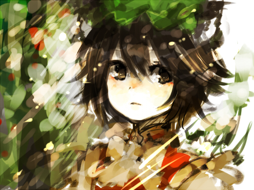 minase (mmakina), chen, touhou, wall, lowres, 1girl, animal ears, bow, bowtie, brown eyes, brown hair, cat ears, cat girl, close-up, female focus, hat, looking at viewer, mob cap, nature, outdoors, profile, short hair, solo, stone wall, upper body, yellow bow, yellow bowtie