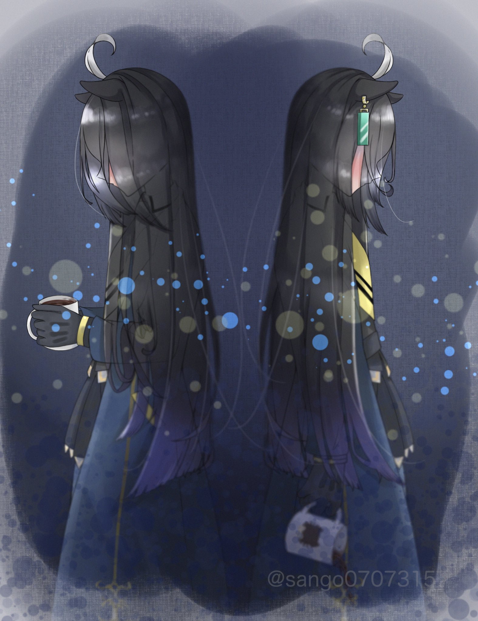 sango0707315, manhattan cafe (umamusume), sunday silence (racehorse), umamusume, highres, 2girls, ahoge, animal ears, animal print, black gloves, black skirt, blue coat, cat print, coat, coffee, cup, ear ornament, ear tag, earrings, ears down, gloves, hands up, holding, holding cup, horse ears, horse girl, jewelry, long hair, long sleeves, multicolored hair, multiple girls, necktie, pleated skirt, single earring, skirt, spill, standing, very long hair, white hair, yellow necktie