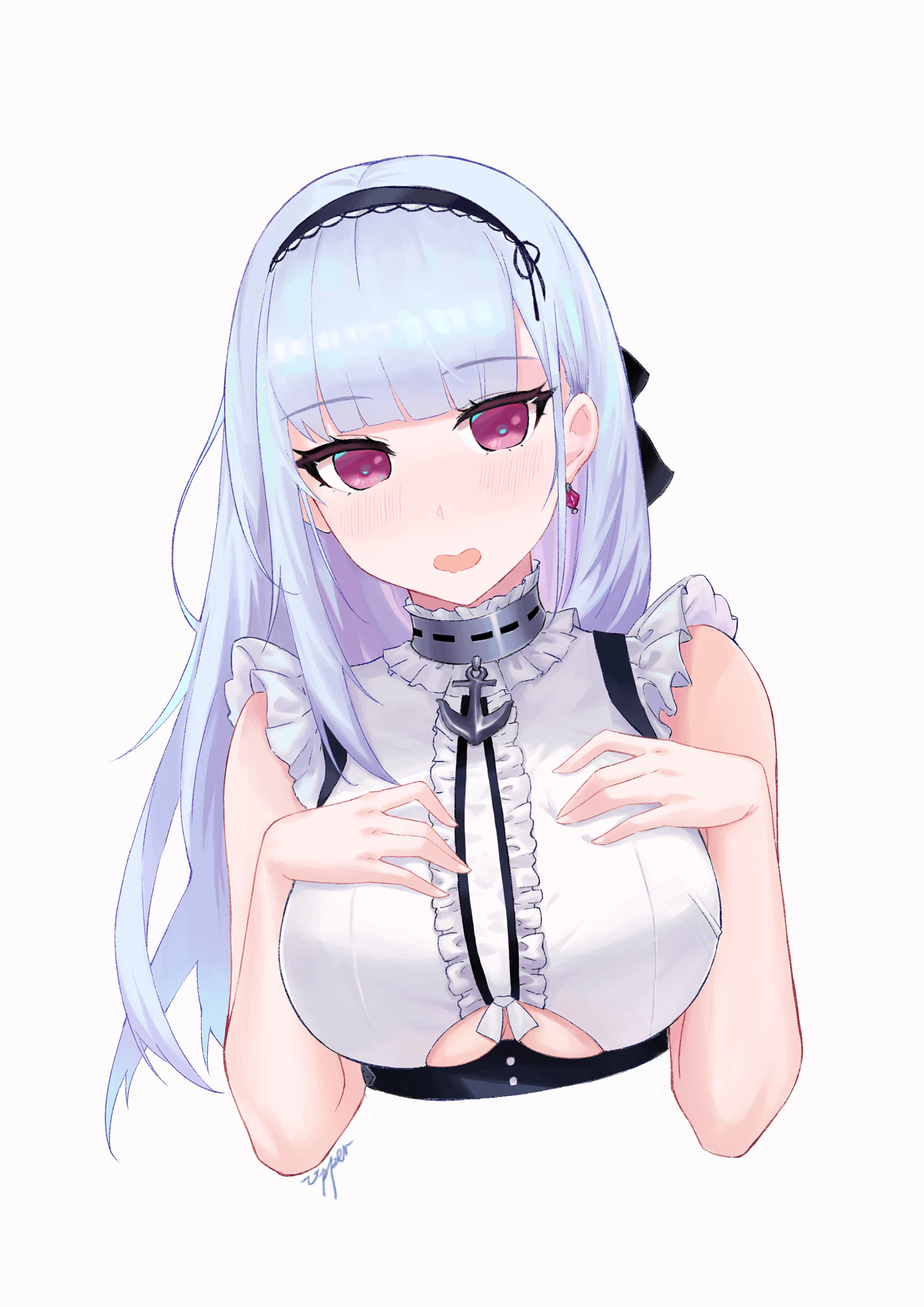 usagi koneko, dido (azur lane), azur lane, commentary request, highres, 1girl, anchor choker, bare shoulders, black hairband, blush, breasts, center frills, clothing cutout, earrings, frills, hairband, hands on own chest, jewelry, large breasts, long hair, looking at viewer, open mouth, purple eyes, signature, simple background, sleeveless, solo, underboob, underboob cutout, upper body, white background