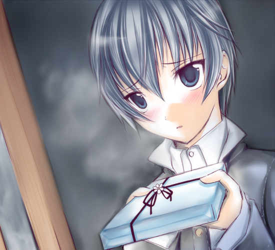 microspace, pochi (pixiv19310), shirogane naoto, atlus, persona, persona 4, bad id, bad pixiv id, 1girl, androgynous, blue eyes, blue hair, blush, female focus, gift, holding, holding gift, matching hair/eyes, reverse trap, short hair, solo