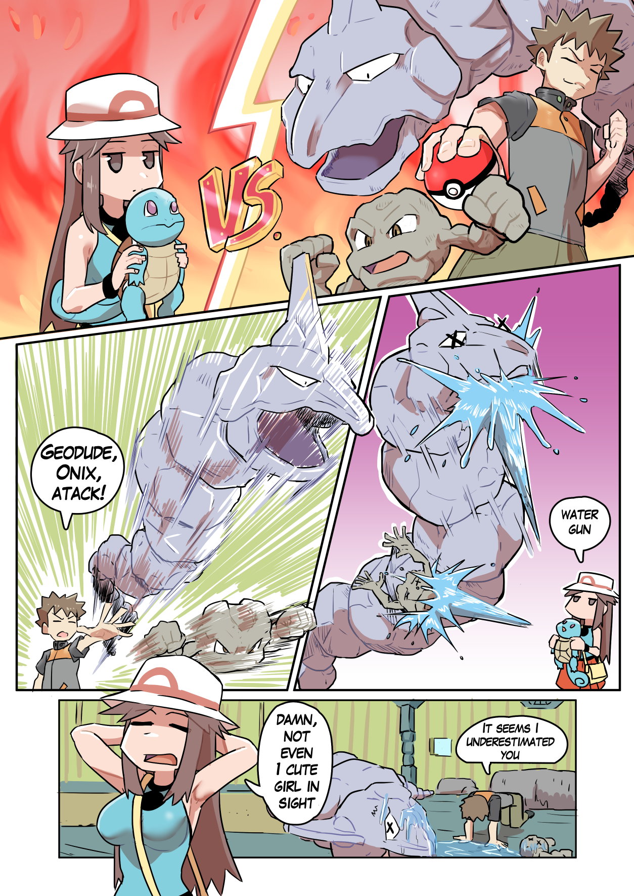ukaya masaru, brock (pokemon), geodude, leaf (pokemon), onix, squirtle, nintendo, pokemon, pokemon frlg, commentary, english commentary, highres, 1girl, breasts, brown eyes, brown hair, closed eyes, english text, gen 1 pokemon, hat, holding, horns, indoors, long hair, open mouth, poke ball, poke ball (basic), pokemon (creature), porkpie hat, red skirt, shirt, short hair, single horn, skirt, sleeveless, speech bubble, spiked hair, standing, tail, turtle, vs, water gun (pokemon), white hat, x x, yellow bag