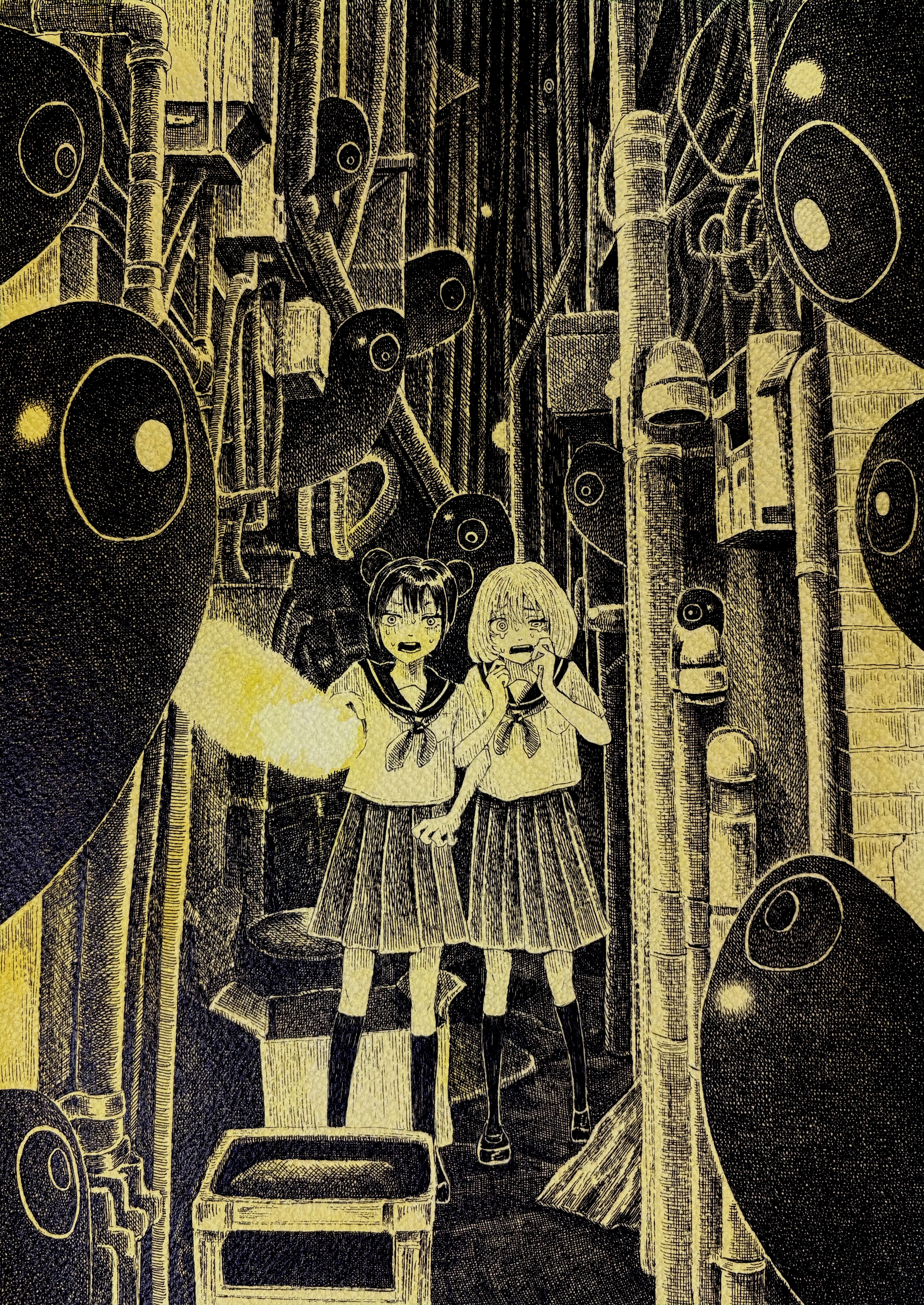 ibsukionsen, original, absurdres, commentary request, highres, 2girls, alley, double bun, flashlight, hair bun, hands up, holding, holding flashlight, horror (theme), kneehighs, monochrome, monster, multiple girls, neckerchief, night, open mouth, pleated skirt, sailor collar, scared, school uniform, serafuku, shaded face, shirt, short hair, short sleeves, skirt, socks, standing, wavy eyes, yellow theme