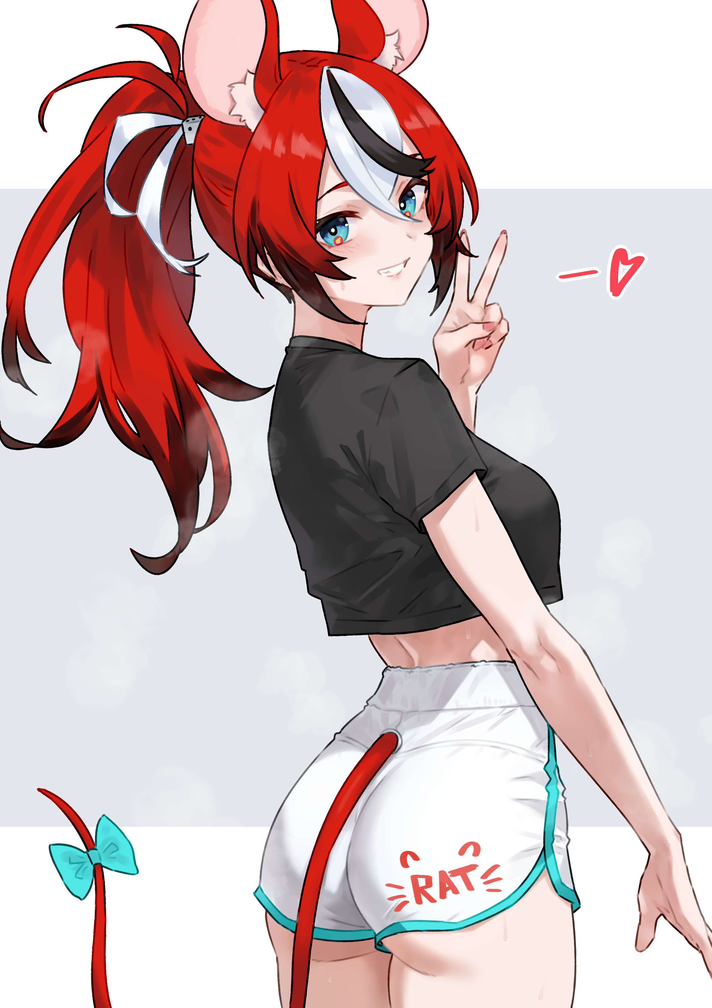 bluefield, hakos baelz, hololive, hololive english, absurdres, highres, 1girl, alternate costume, alternate hairstyle, animal ears, ass, black hair, black shirt, blue bow, blue eyes, blush, bow, crop top, dolphin shorts, extra ears, grin, hair between eyes, hand up, long hair, looking at viewer, midriff, mouse ears, mouse girl, mouse tail, multicolored hair, ponytail, red hair, shirt, short sleeves, shorts, smile, solo, streaked hair, tail, tail bow, tail ornament, v, virtual youtuber, white hair, white shorts