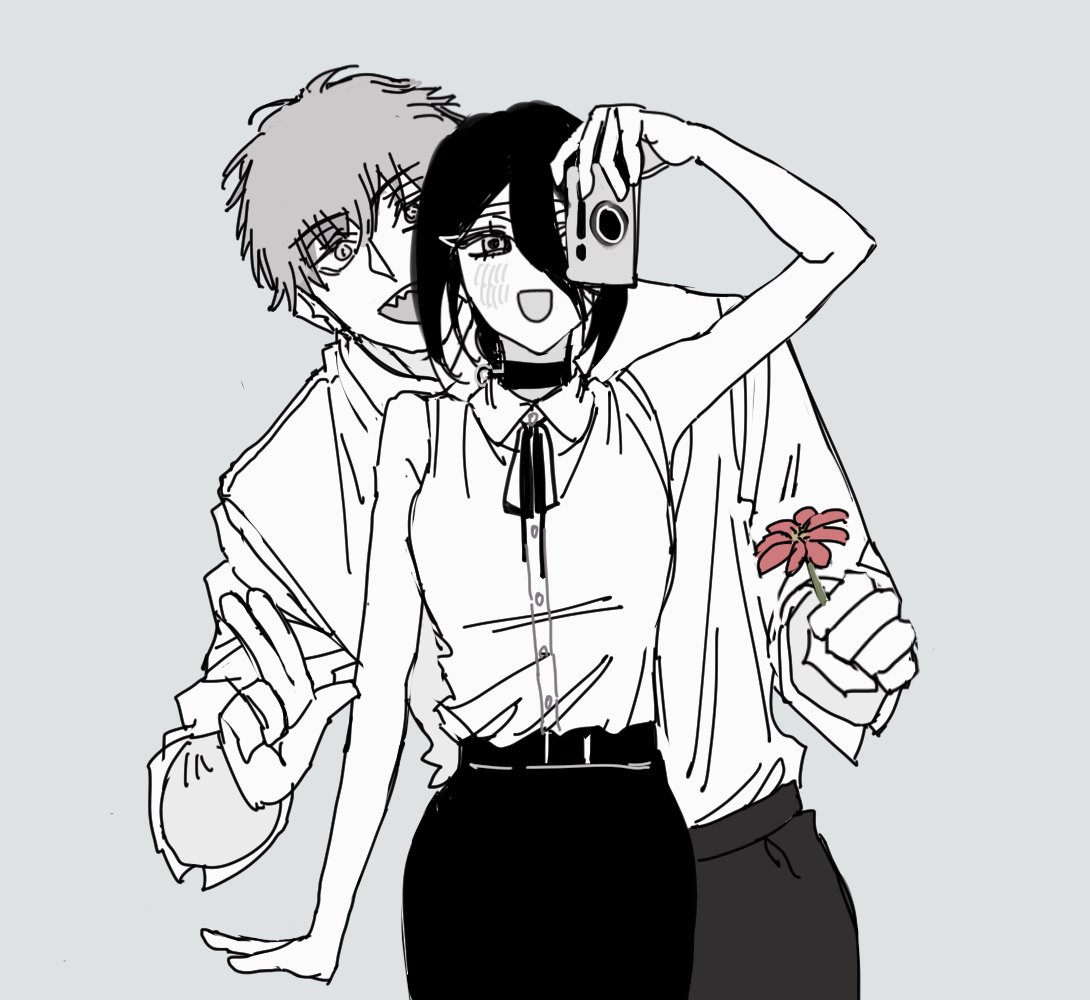 denji (chainsaw man), reze (chainsaw man), chainsaw man, 1boy, 1girl, aze chainsawman, bare shoulders, black choker, black pants, black ribbon, black shorts, blush, breasts, camera, choker, collared shirt, couple, flower, grenade pin, hair between eyes, hair bun, hetero, holding, holding camera, holding flower, medium breasts, medium hair, monochrome, neck ribbon, open mouth, pants, red flower, ribbon, sharp teeth, shirt, short hair, shorts, sketch, sleeveless, sleeveless shirt, sleeves rolled up, smile, spot color, teeth, updo, white shirt