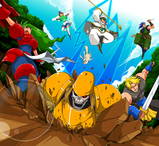 ginjirou ibushi, nicole neil, randy m green, samuel han, serena corsair, undead hero, guardian heroes, 2boys, 3girls, armor, baggy pants, blonde hair, blue eyes, cape, closed eyes, cloud, everyone, fingerless gloves, gloves, glowing, glowing eyes, green eyes, green hair, hat, helmet, japanese clothes, knife, knight, lightning, long hair, magic, multiple boys, multiple girls, muscular, ninja, pants, rabbit, red hair, reverse grip, shield, short hair, skeleton, skirt, staff, sword, thighhighs, very long hair, weapon