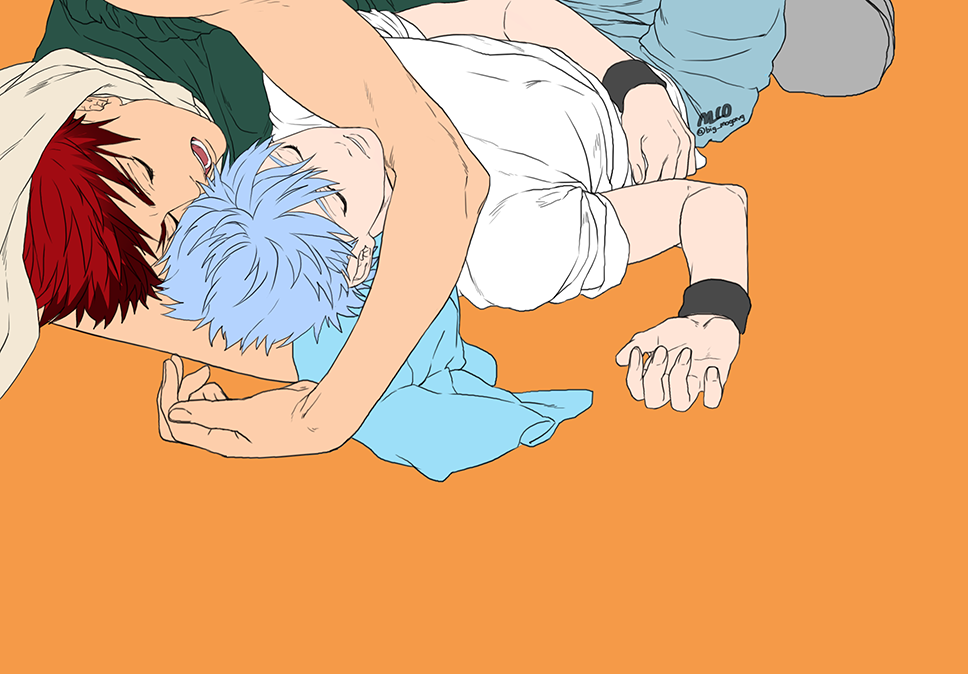 big mogong, kagami taiga, kuroko tetsuya, kuroko no basuke, commentary request, korean commentary, 2boys, arm up, armband, black armband, blue hair, closed eyes, closed mouth, flat color, forked eyebrows, green shirt, lying, male focus, multiple boys, on back, open mouth, red hair, shirt, short sleeves, sleeves rolled up, smile, teeth, towel, white shirt, yaoi