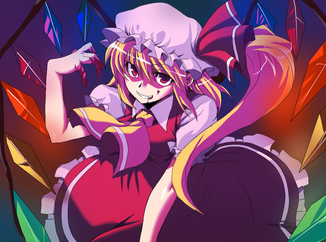 ooike teru, flandre scarlet, touhou, 1girl, blonde hair, blood, blouse, collared shirt, female focus, hat, mob cap, red eyes, shirt, solo, white hat, white shirt, wings