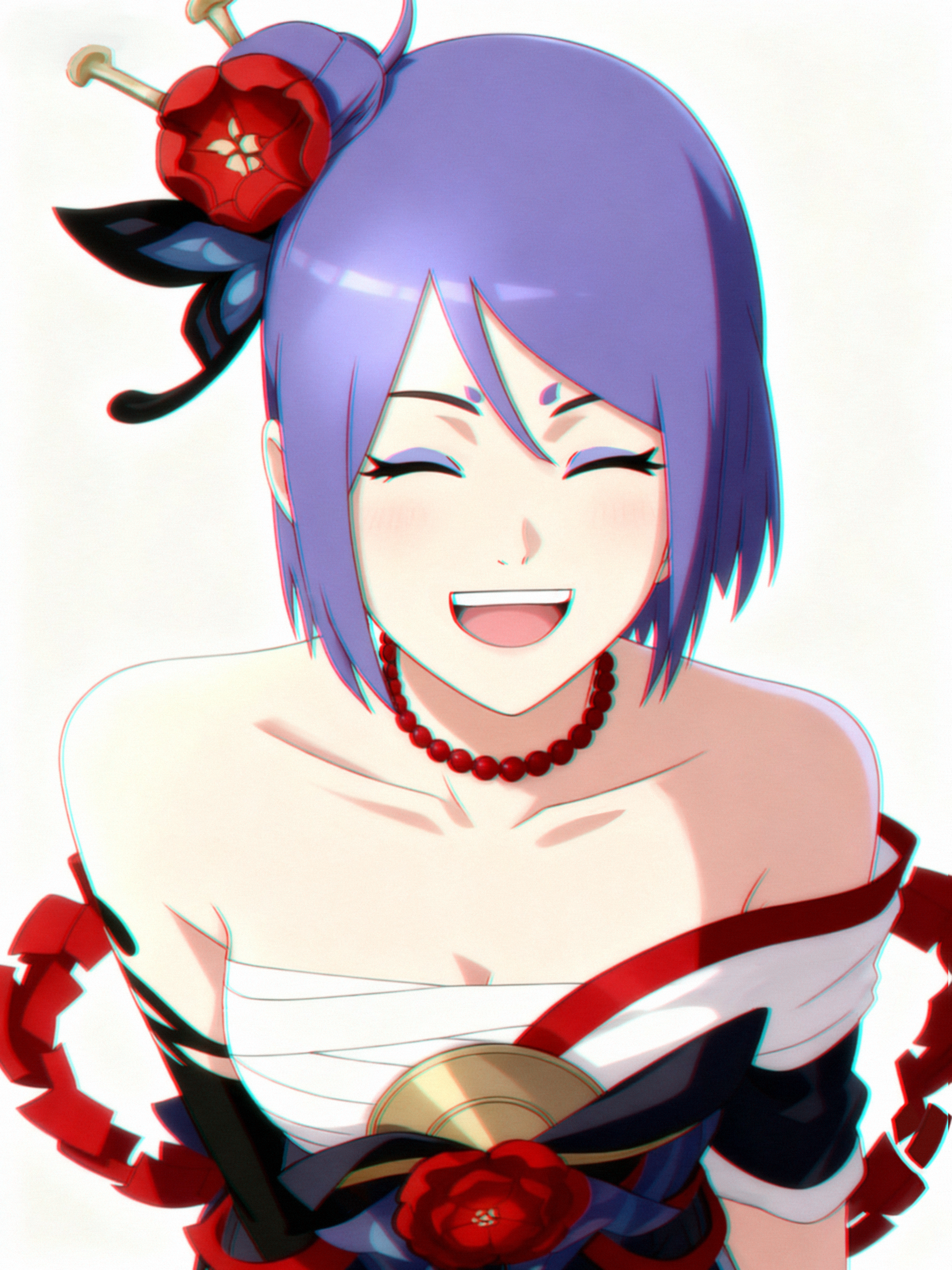 white sugar (user fhsv4847), konan (naruto), naruto (classic), naruto (series), naruto shippuuden, highres, 1girl, angel, bare shoulders, breasts, collarbone, dress, hair between eyes, hair ornament, looking at viewer, ninja, open mouth, purple hair, short hair, simple background, smile, solo