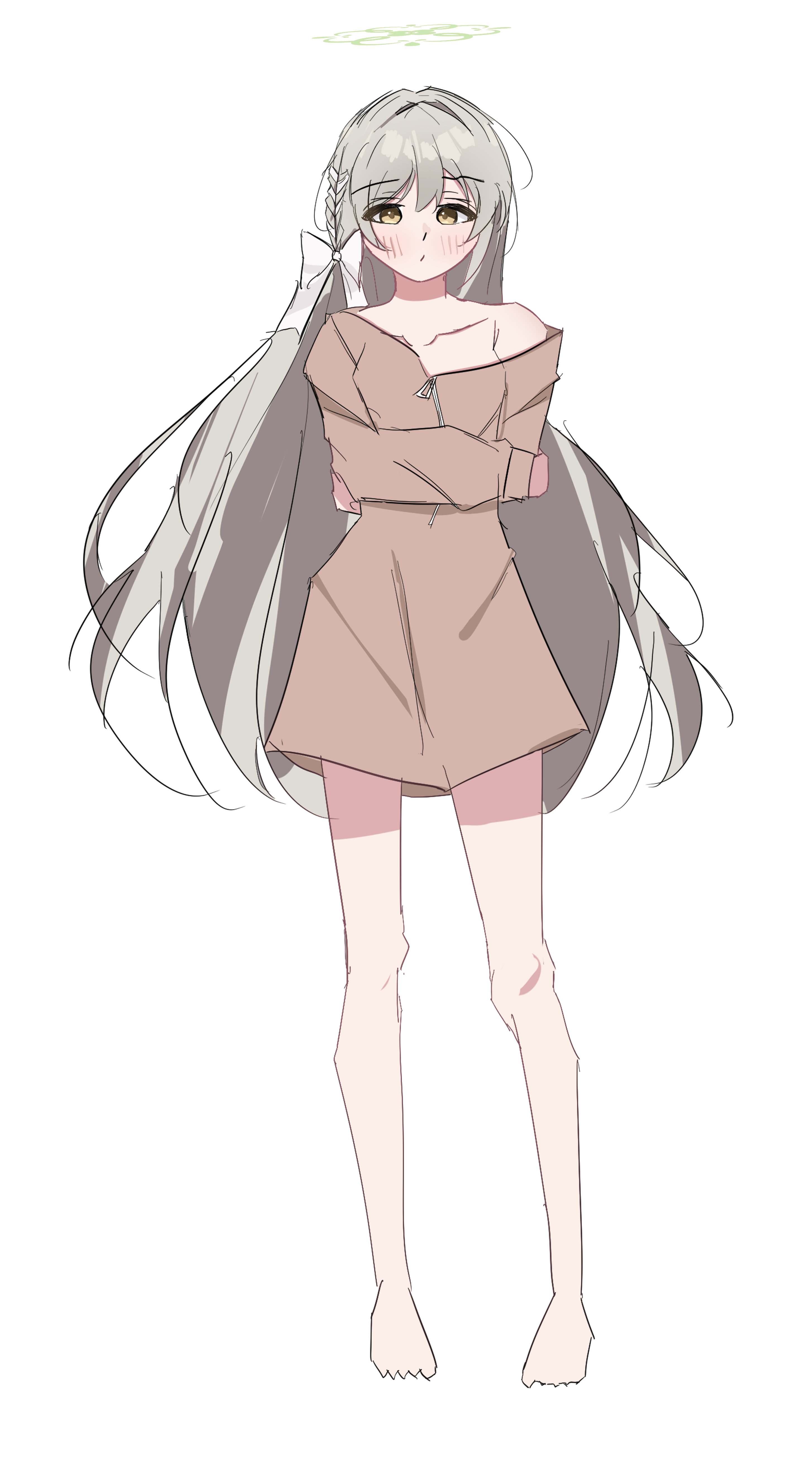 miyo (blue archive), blue archive, hazel eyes, absurdres, highres, 1girl, alternate costume, braid, brown shirt, flower halo, full body, green halo, grey hair, hair ribbon, halo, long hair, naked shirt, ribbon, ribbon braid, runawaykids, shirt, simple background, sketch, solo, white background