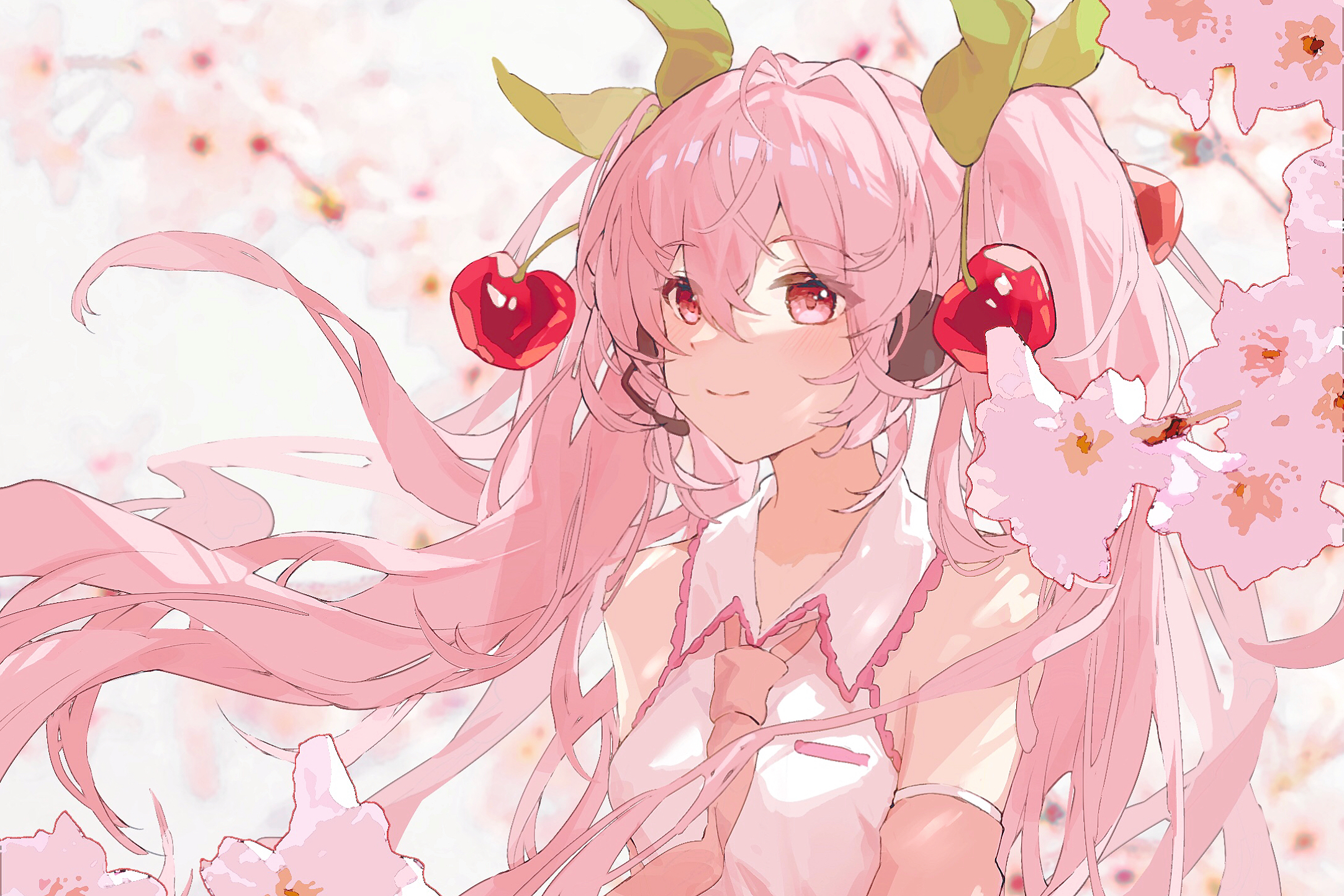 kiduki, hatsune miku, sakura miku, vocaloid, commentary, highres, 1girl, blurry, blurry background, blush, breasts, cherry blossoms, cherry hair ornament, closed mouth, collared shirt, detached sleeves, food-themed hair ornament, hair between eyes, hair ornament, headset, long hair, long sleeves, necktie, pink eyes, pink hair, pink necktie, pink sleeves, shirt, sleeveless, sleeveless shirt, smile, solo, twintails, very long hair, white shirt