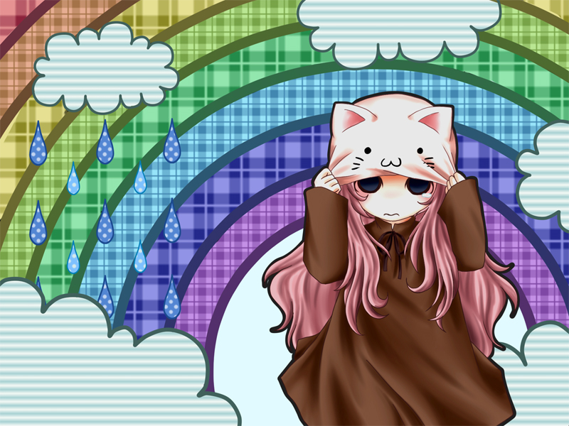 achikoako, megurine luka, megurine luka (toeto), toeto (vocaloid), vocaloid, bad id, bad pixiv id, 1girl, :3, animal ears, animal hat, cat ears, cat girl, cat hat, female focus, hat, long hair, pink hair, rainbow, solo