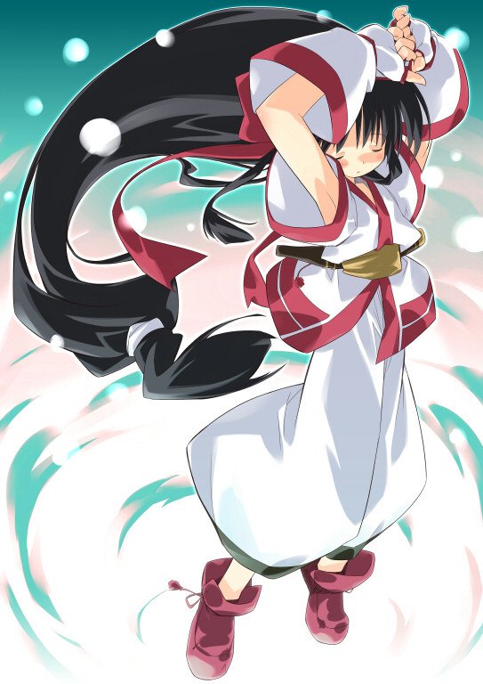 nakoruru, samurai spirits, 1girl, armpits, baggy pants, black hair, closed eyes, fingerless gloves, gloves, hair ribbon, japanese clothes, long hair, low-tied long hair, pants, ribbon, very long hair
