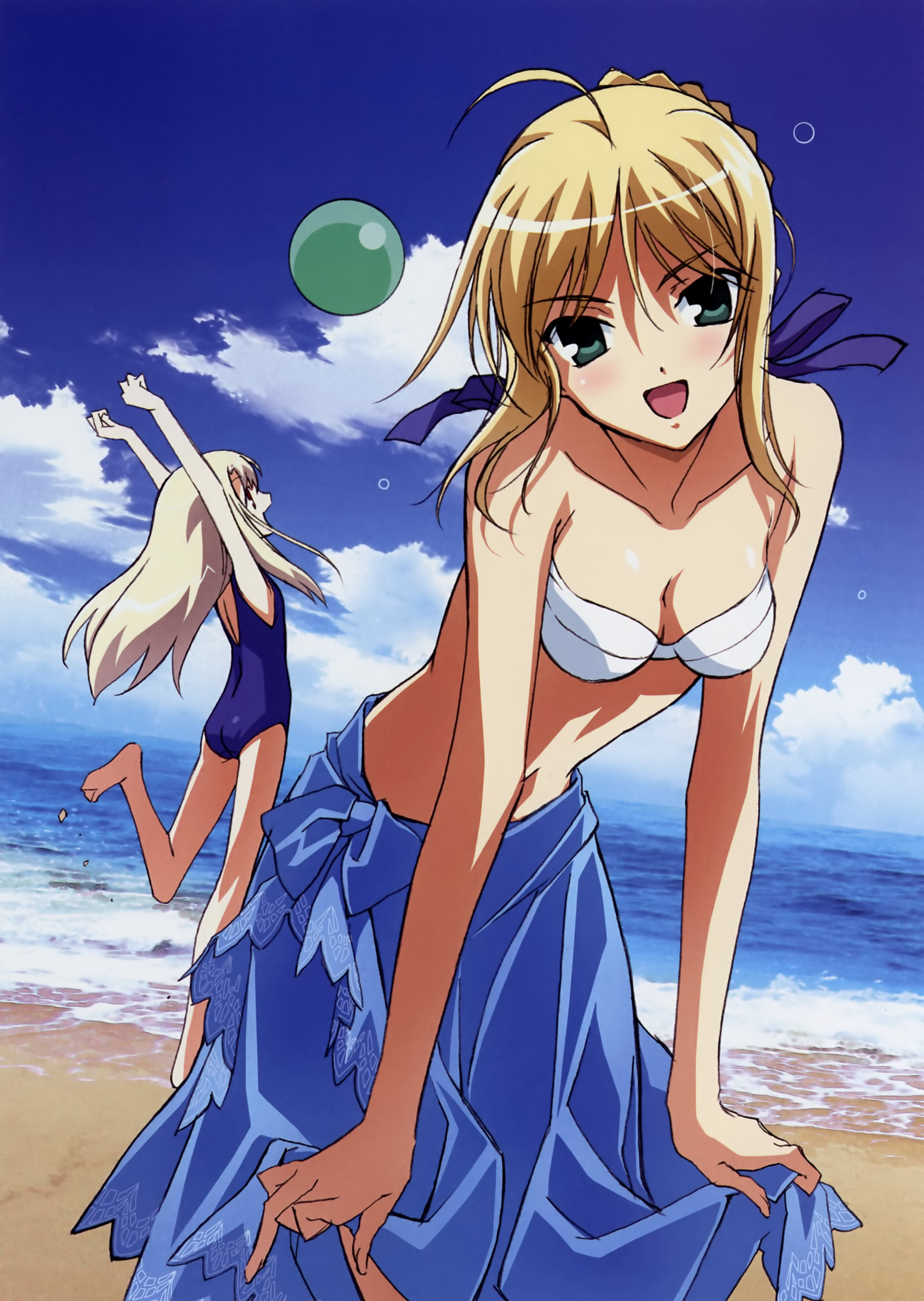 fujii maki, artoria pendragon (fate), illyasviel von einzbern, saber (fate), fate/stay night, fate (series), absurdres, highres, 00s, 2girls, ahoge, alternate costume, barefoot, beach, bikini, cloud, day, multiple girls, open mouth, outdoors, sky, smile, swimsuit, water