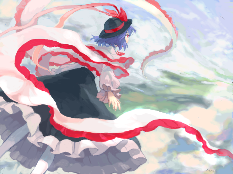 iwamoto zerogo, nagae iku, touhou, 1girl, black hat, blue hair, blue sky, bow, bowler hat, capelet, cloud, day, female focus, flying, frilled skirt, frilled sleeves, frills, from behind, grey shirt, hat, hat bow, long skirt, long sleeves, pantyhose, profile, puffy long sleeves, puffy sleeves, purple hair, red bow, red eyes, scenery, shawl, shirt, short hair, skirt, sky, solo, white pantyhose