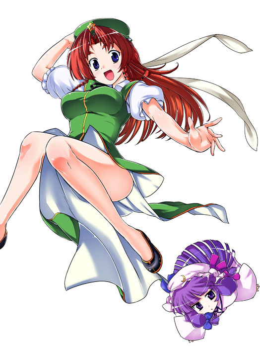 kiku hitomoji, tora tooru, toru tooru, hong meiling, patchouli knowledge, embodiment of scarlet devil, touhou, 2girls, blue eyes, braid, china dress, chinese clothes, dress, female focus, hat, legs, long hair, multiple girls, purple eyes, purple hair, red hair, twin braids