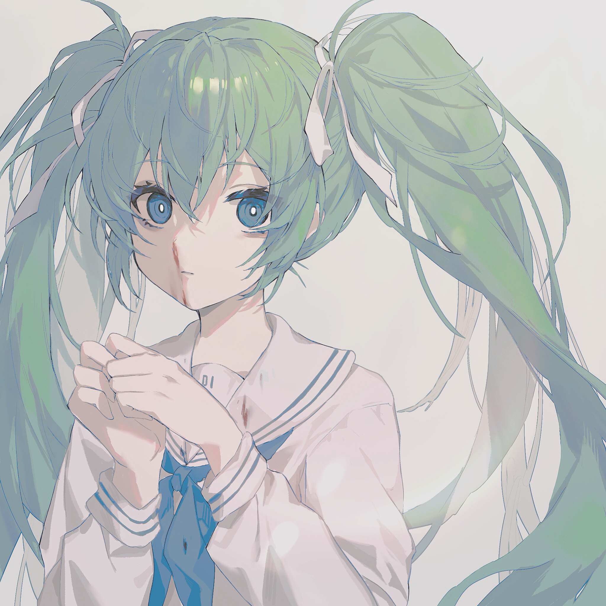 kiduki, hatsune miku, vocaloid, commentary, highres, symbol-only commentary, 1girl, aqua eyes, blue neckerchief, bright pupils, green hair, grey background, hair between eyes, hair ribbon, long hair, looking at viewer, neckerchief, ribbon, sailor collar, school uniform, serafuku, solo, twintails, very long hair, white pupils, white ribbon, white sailor collar, white serafuku