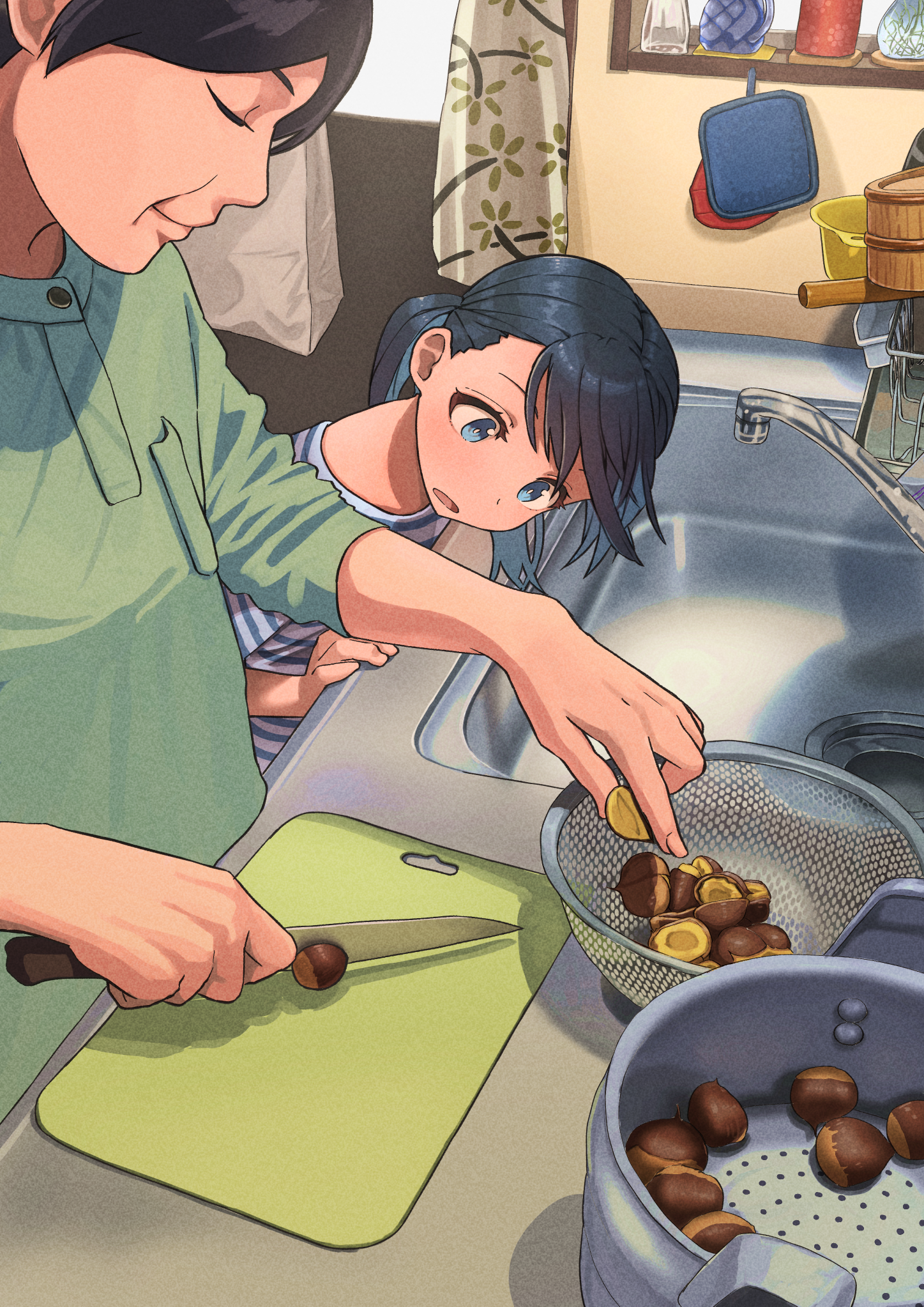 toraneko, original, commentary request, highres, 2girls, black hair, blue eyes, blush, bright pupils, chestnut, closed eyes, closed mouth, counter, cutting board, faucet, food, green shirt, head down, holding, holding food, holding knife, indoors, kitchen, kitchen knife, knife, looking to the side, medium hair, multiple girls, open mouth, pot-holder, shirt, side-by-side, sink, sleeves pushed up, smile, standing, strainer, striped clothes, striped shirt, three-quarter sleeves, turning head, twintails, white pupils, white shirt