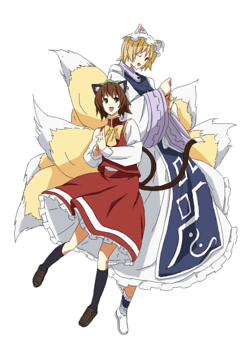 kajiki, chen, yakumo ran, touhou, 2girls, animal ears, animal hat, blonde hair, brown hair, cat ears, cat girl, cat tail, female focus, fox tail, full body, hat, long sleeves, mob cap, multiple girls, multiple tails, nekomata, one eye closed, shoes, short hair, socks, tabard, tail, tassel, two tails, white background, wide sleeves