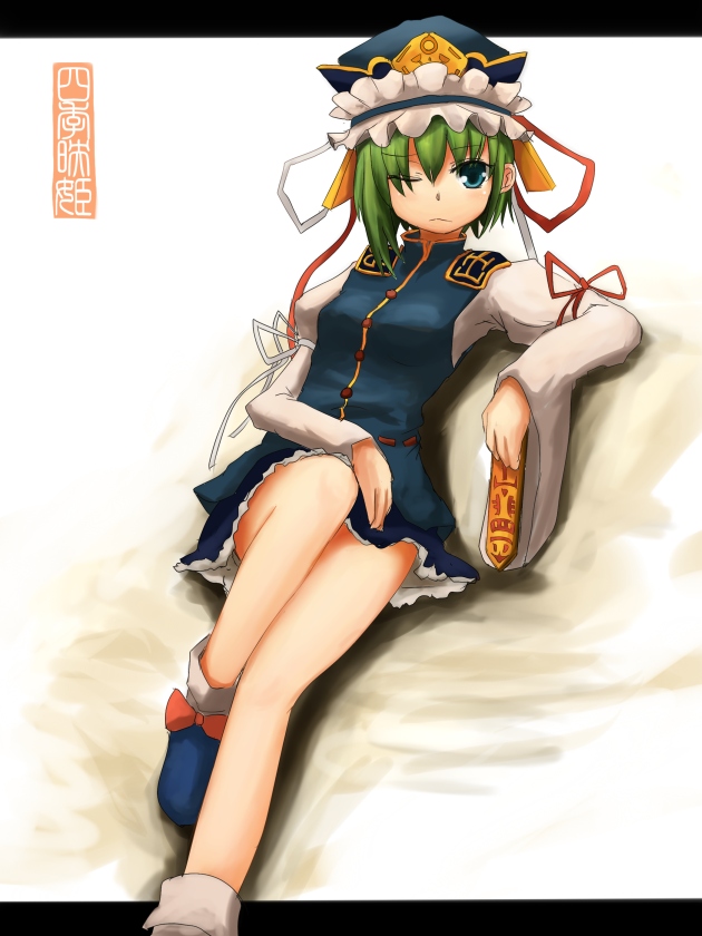 kokotetsu, shiki eiki, touhou, 1girl, blue eyes, blue hat, blue shoes, female focus, green hair, hat, one eye closed, rod of remorse, shoes, solo, wink
