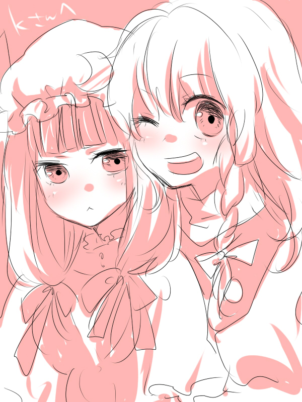 machiko (beard), kirisame marisa, patchouli knowledge, touhou, 2girls, :<, female focus, monochrome, multiple girls, pink theme, pout, sketch, smile