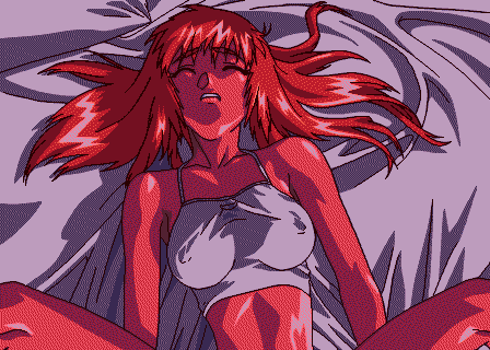 viper (series), animated, animated gif, lowres, 1girl, bed sheet, bouncing breasts, breasts, closed eyes, covered erect nipples, female focus, implied sex, large breasts, long hair, missionary, red hair, solo, vaginal