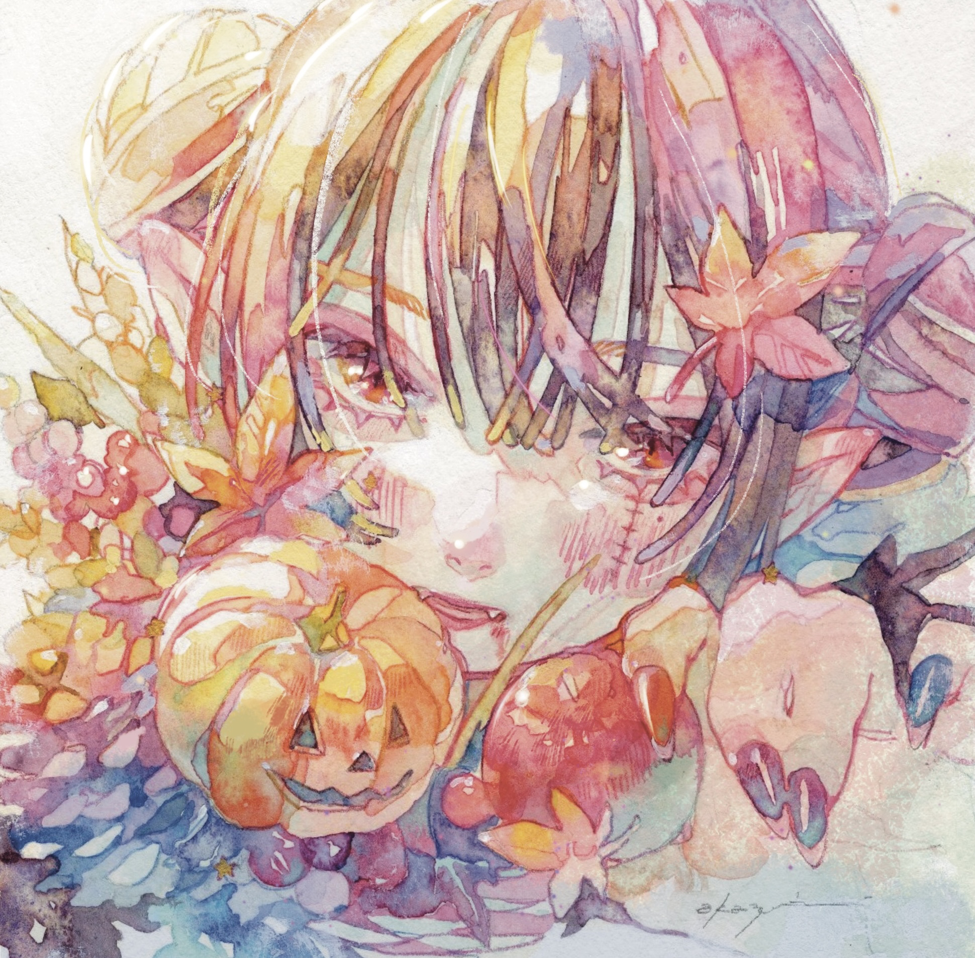 oka yuuri, original, commentary, highres, painting (medium), traditional media, watercolor (medium), 1girl, apple, black hair, black nails, blush, double bun, fangs, food, fruit, hair between eyes, hair bun, hair ornament, halloween, hand up, leaf hair ornament, looking at viewer, nail polish, open mouth, portrait, pumpkin, red eyes, short hair, solo