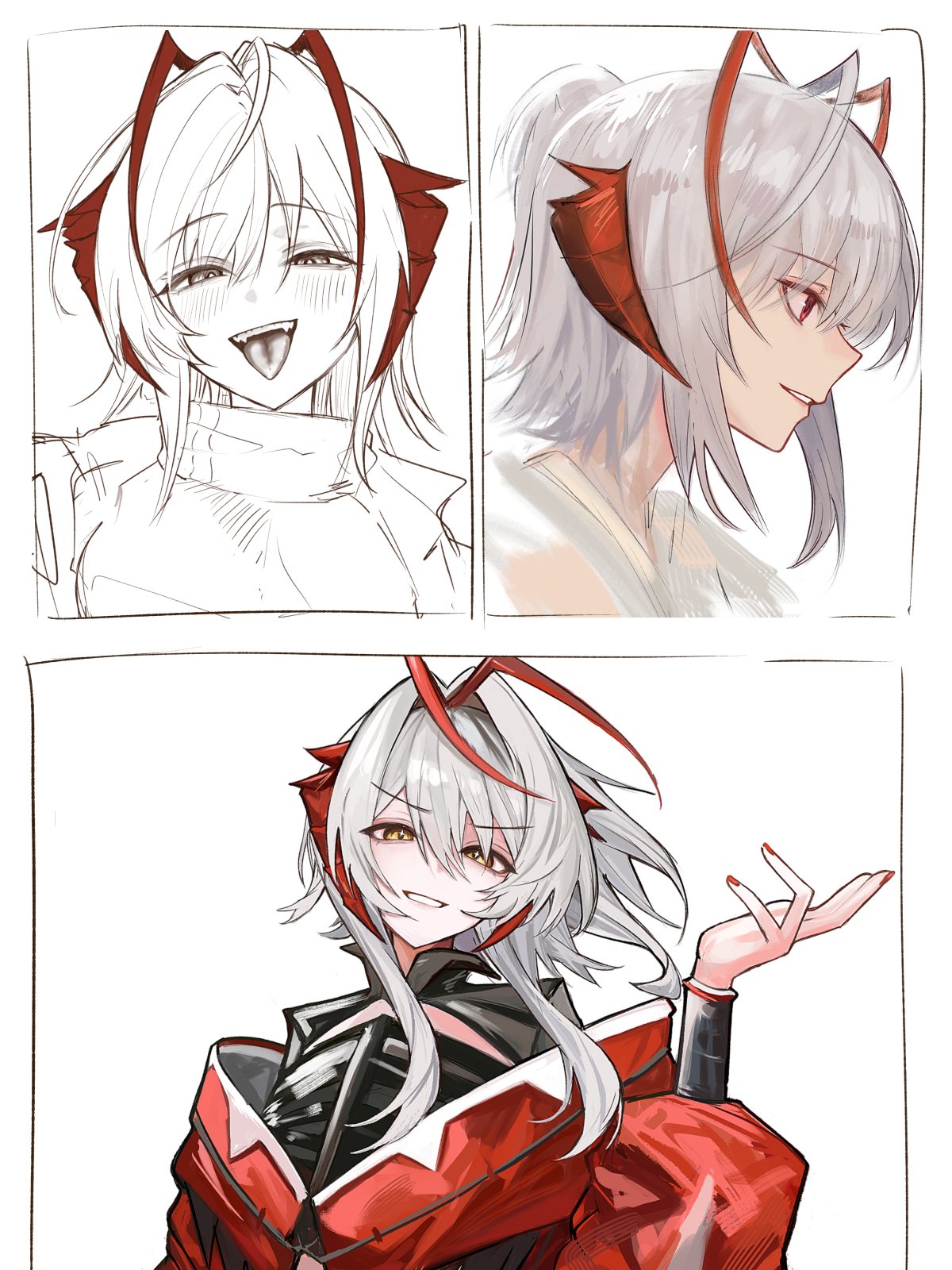 ha (huton in mach), w (arknights), arknights, highres, 1girl, antenna hair, demon girl, demon horns, grey hair, horns, orange eyes, red horns, red nails, simple background, sketch, solo, tongue, tongue out, upper body, white background