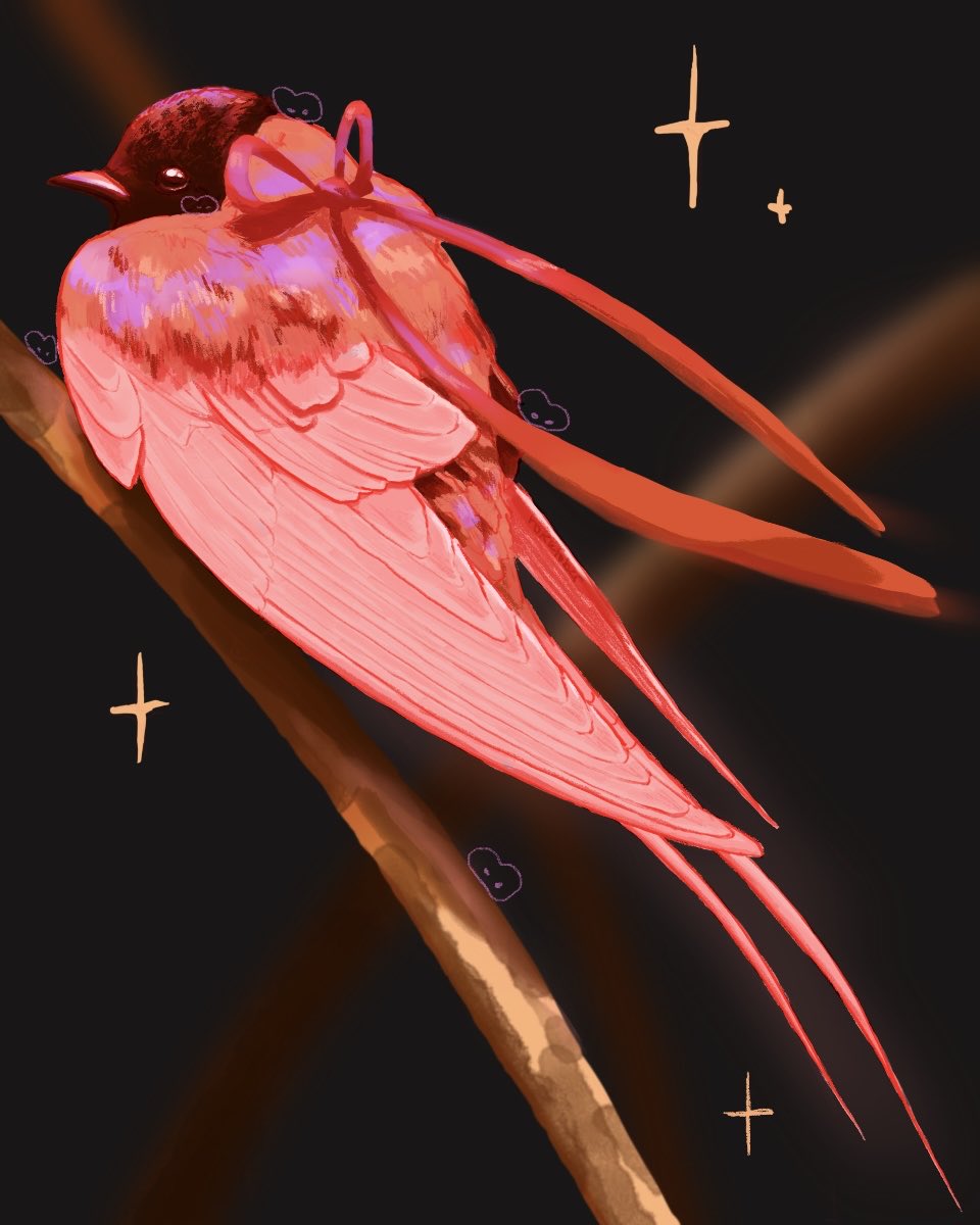 rokktober, original, highres, animal focus, bird, blurry, blurry background, bow, branch, no humans, pink bow, pink theme, star (symbol), swallow (bird)