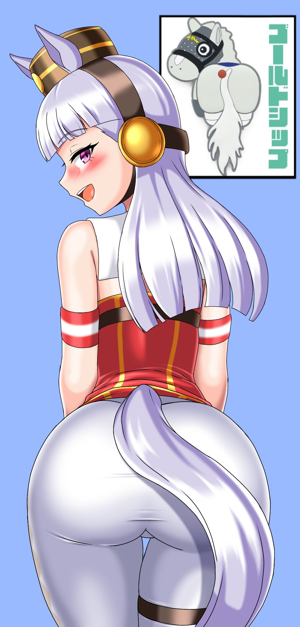 irohazakayouth, gold ship (umamusume), umamusume, 1girl, animal ears, armband, ass, blush, hat, horse ears, horse girl, looking back, pants, purple eyes, shirt, tail, thigh gap