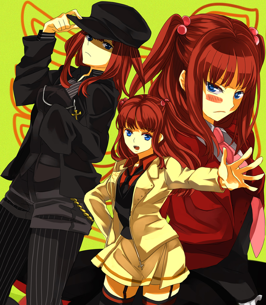 nanamura, amakusa juuza, mammon (umineko), stakes of purgatory, ushiromiya ange, ushiromiya battler, umineko no naku koro ni, bad id, bad pixiv id, 1girl, amakusa juuza (cosplay), blue eyes, blush, chain, cosplay, hair bobbles, hair ornament, hat, jacket, mammon (cosplay), necktie, pink necktie, red hair, thighhighs, twintails, ushiromiya battler (cosplay)