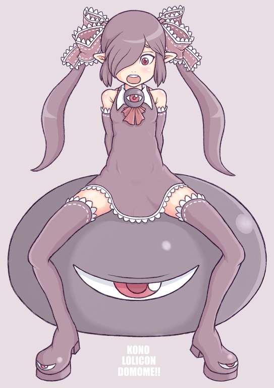 a kun, backbeako (torotei), backbeard, gegege no kitarou, original, 1girl, black boots, black hair, boots, elbow gloves, female focus, gloves, hair over one eye, kono lolicon domome, solo, spread legs, thighhighs, twintails
