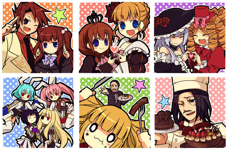 suzushiro kurumi, beatrice (umineko), beelzebub (umineko), chiester00, chiester410, chiester45, chiester556, chiester sisters, gaap (umineko), gouda toshirou, maria (umineko), ronove (umineko), stakes of purgatory, ushiromiya ange, ushiromiya battler, ushiromiya maria, virgilia (umineko), umineko no naku koro ni, silver hair, 00s, 3boys, 6+girls, animal ears, aqua hair, armband, black hair, blonde hair, blue eyes, blue hair, blush, bow, brother and sister, brown eyes, choker, closed eyes, crown, dress, drill hair, eating, eyepatch, flower, food, four-finger heart hands, frills, hair bobbles, hair ornament, hat, heart, heart hands, heart hands duo, jacket, long hair, mini hat, mini top hat, monocle, multiple boys, multiple girls, necktie, o o, one eye closed, orange hair, pink bow, pink hair, rabbit ears, red eyes, red hair, ribbon, ringlets, rose, short hair, siblings, smile, thighhighs, top hat, twintails, wince, wink