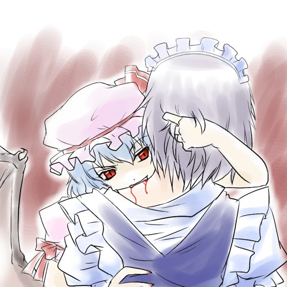 supon, izayoi sakuya, remilia scarlet, embodiment of scarlet devil, touhou, silver hair, 2girls, bat wings, biting, blood, blue hair, fangs, female focus, gradient background, hat, maid, multiple girls, neck biting, red eyes, short hair, upper body, vampire, wings