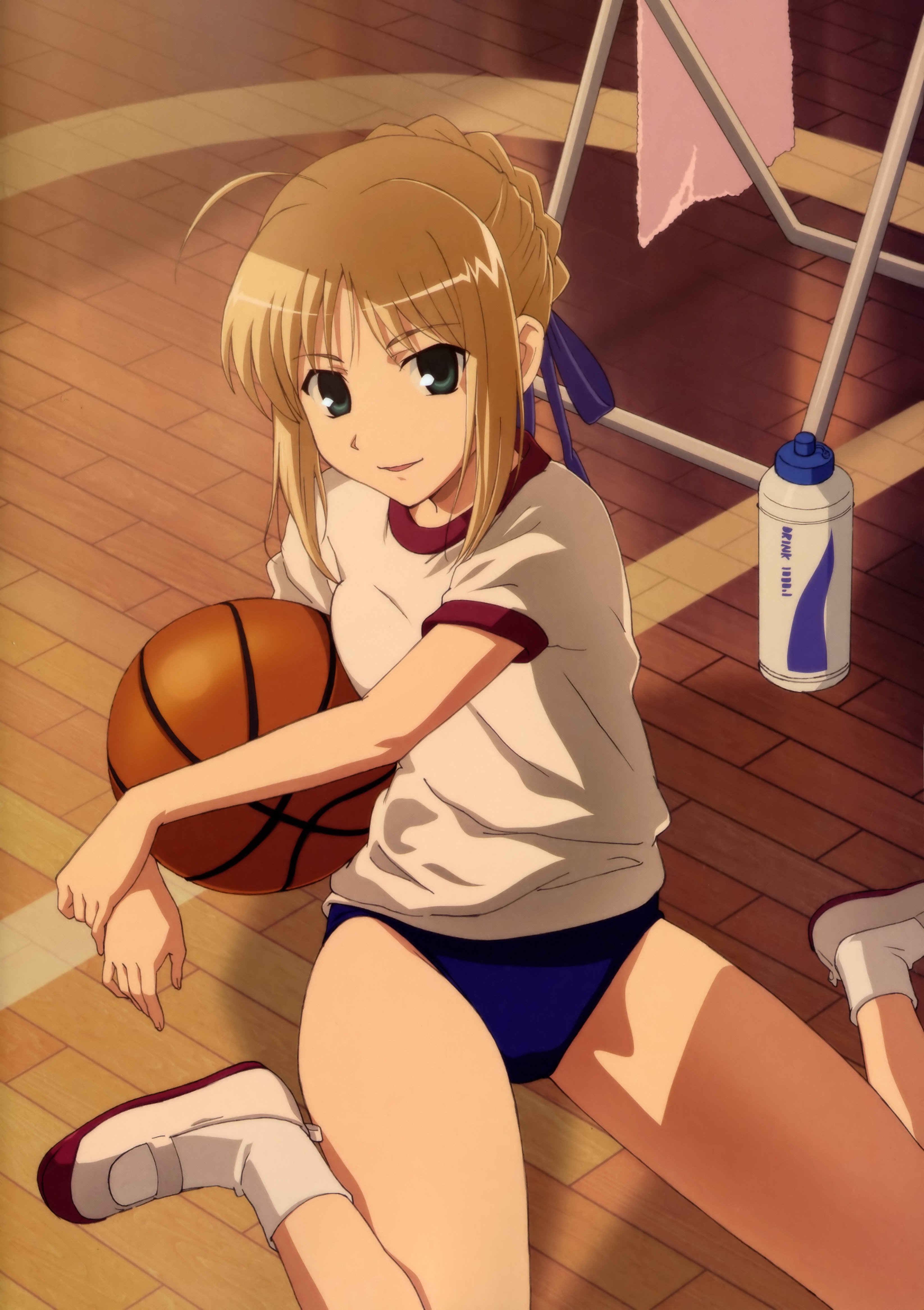 motomura kouichi, artoria pendragon (fate), saber (fate), fate/stay night, fate (series), absurdres, highres, 00s, 1girl, ahoge, alternate costume, ball, basketball, basketball (object), blonde hair, breast press, breasts, buruma, female focus, green eyes, gym uniform, hair ribbon, ribbon, shoes, sitting, small breasts, smile, socks, solo, uwabaki, wariza