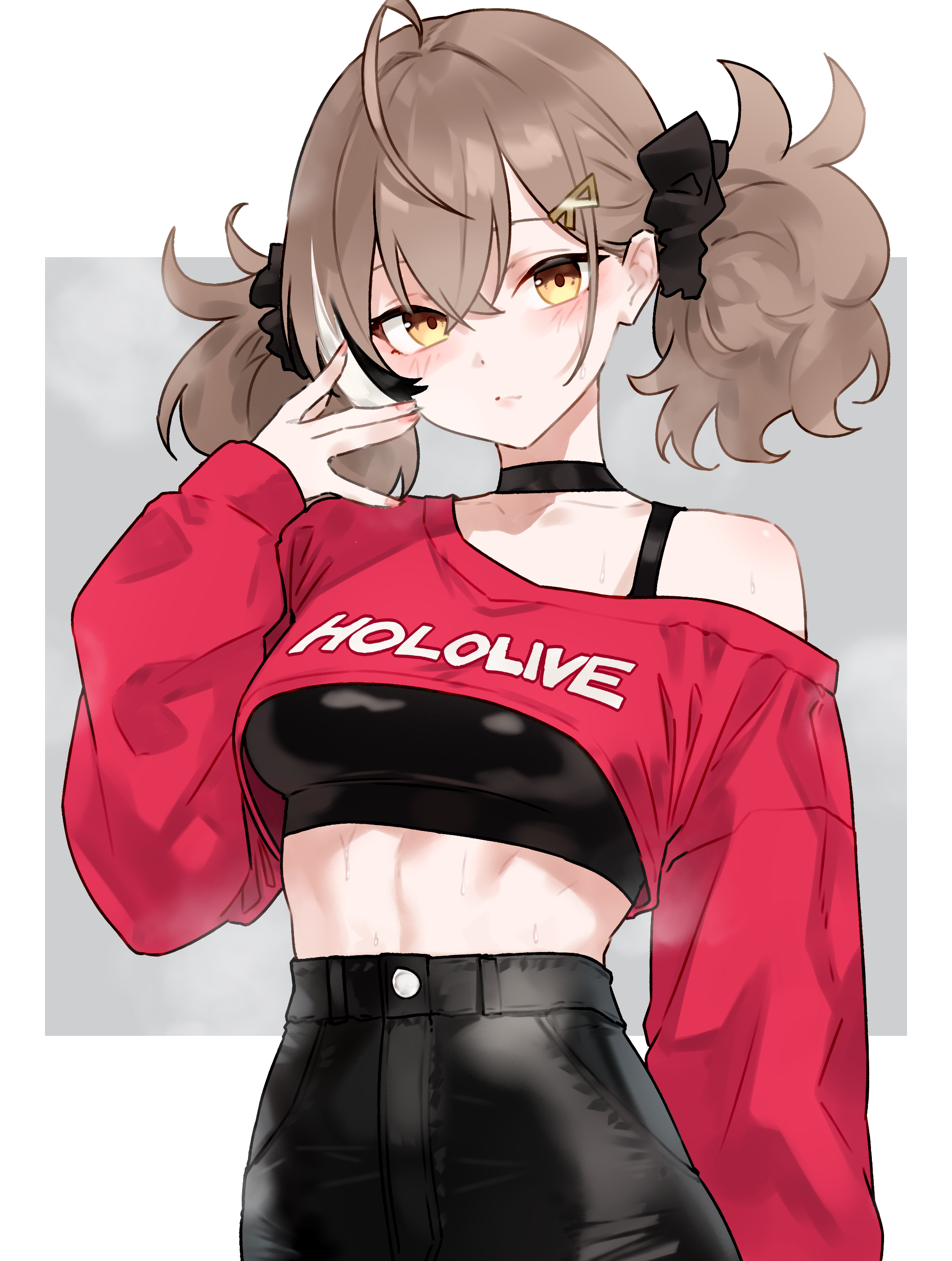 bluefield, nanashi mumei, hololive, hololive english, absurdres, commentary, highres, 1girl, ahoge, alternate costume, alternate hair length, alternate hairstyle, bare shoulders, black choker, black scrunchie, black sports bra, blush, brown eyes, brown hair, choker, hair ornament, high-waist pants, long hair, multicolored hair, pants, scrunchie, short twintails, solo, sports bra, streaked hair, sweat, toned, toned female, twintails, virtual youtuber