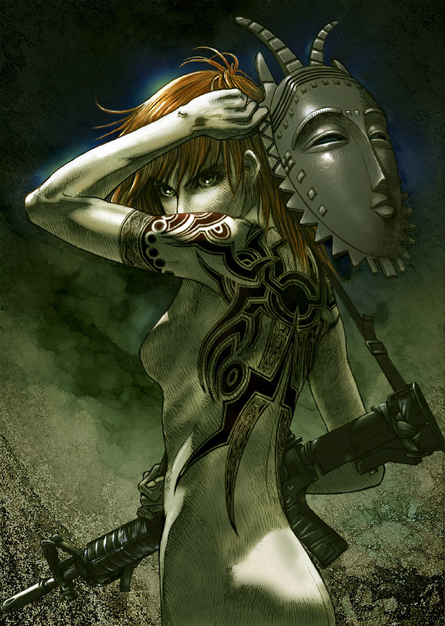 janome gochou, assault rifle, butt crack, gun, m4 carbine, mask, nude, rifle, solo, tattoo, weapon
