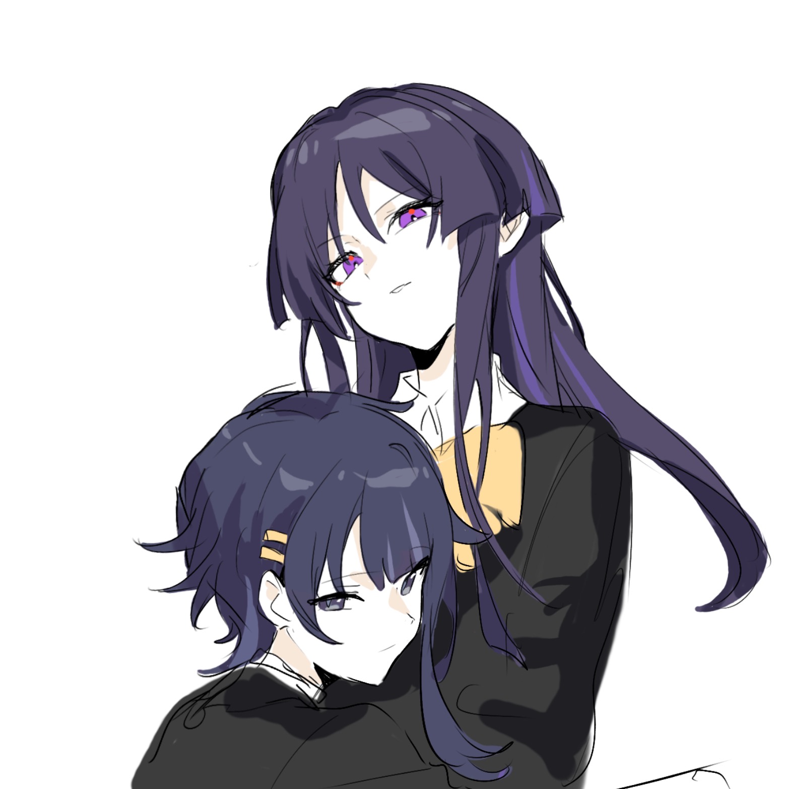 mengaijiang924, raiden shogun, scaramouche (genshin impact), genshin impact, chinese commentary, highres, 1boy, 1girl, alternate costume, alternate universe, blunt ends, brother and sister, closed mouth, couple, expressionless, genderswap, genderswap (ftm), genderswap (mtf), hair between eyes, hair ornament, hairclip, head tilt, hug, leaning on person, long hair, long sleeves, looking at viewer, looking to the side, multicolored eyes, multicolored hair, no mole, parted lips, purple eyes, purple hair, school uniform, shade, short hair, siblings, streaked hair, upper body, white background
