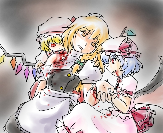 supon, flandre scarlet, kirisame marisa, remilia scarlet, touhou, 3girls, bat wings, blonde hair, blood, braid, dress, empty eyes, fangs, female focus, gradient background, hair ribbon, hat, multiple girls, red eyes, ribbon, saliva, short hair, side braid, skirt, vampire, white background, wings, yellow eyes