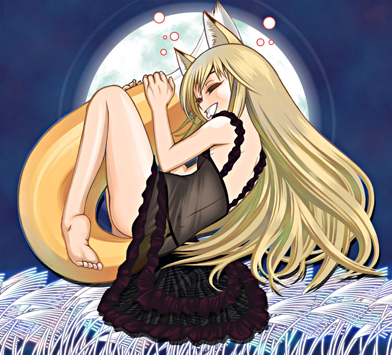 janome gochou, holo, original, spice and wolf, 00s, 1girl, animal ears, barefoot, blonde hair, closed eyes, feet, female focus, fox ears, full moon, g-string, long hair, moon, panties, see-through clothes, solo, tail, thong, underwear, wolf ears
