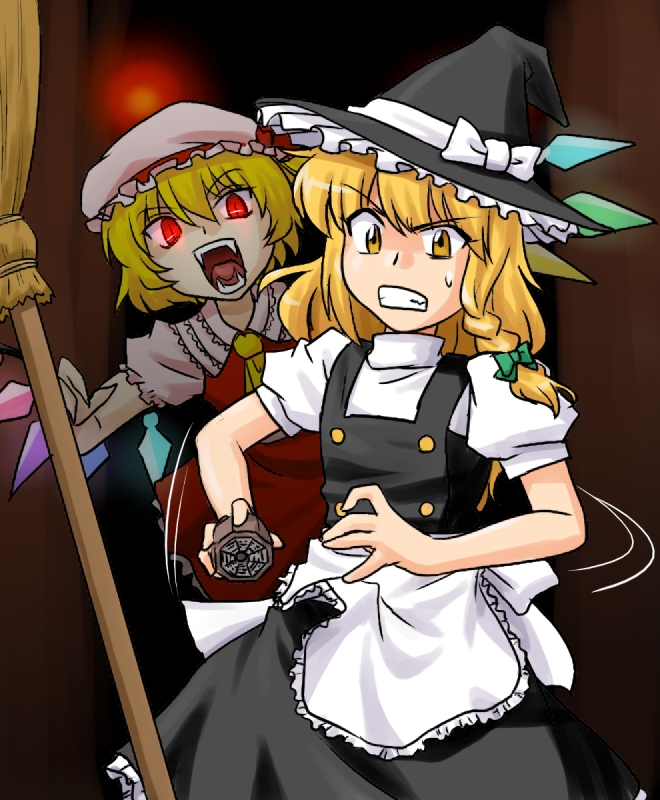 supon, flandre scarlet, kirisame marisa, touhou, 2girls, blonde hair, braid, broom, dress, fangs, female focus, glowing, glowing eyes, gradient background, hair ribbon, hat, mini-hakkero, multiple girls, red eyes, ribbon, side braid, vampire, wings, witch hat, yellow eyes, you gonna get raped