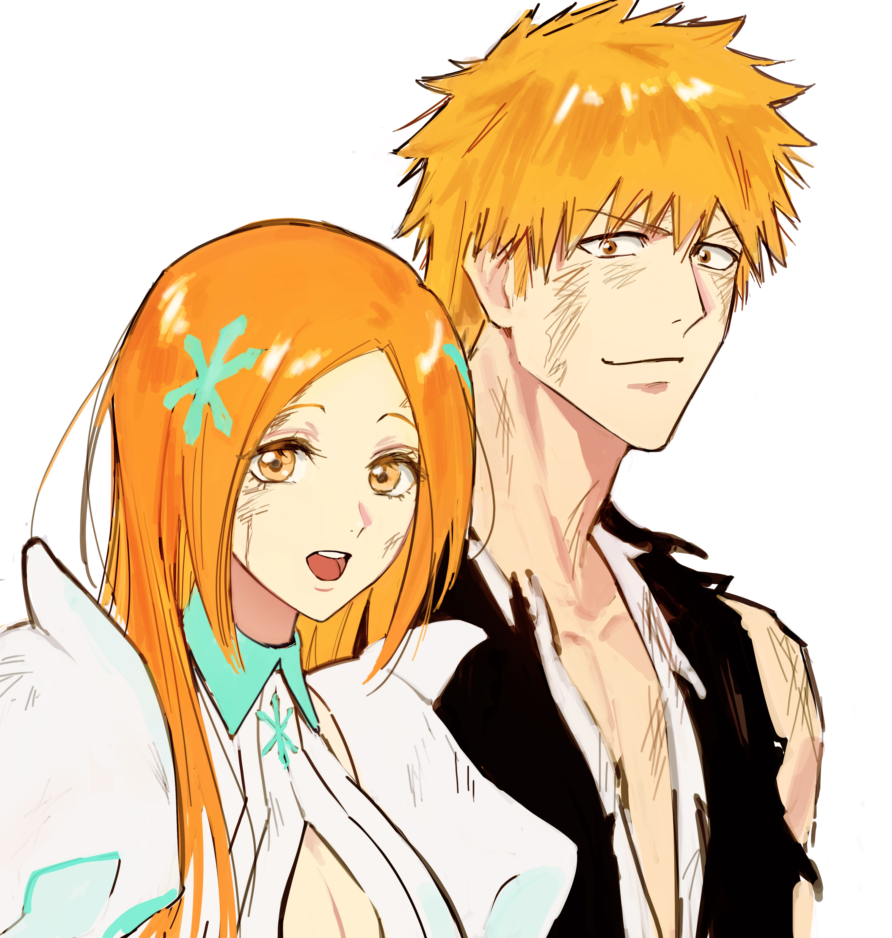22nae2, inoue orihime, kurosaki ichigo, bleach, absurdres, highres, 1boy, 1girl, black kimono, blonde hair, breasts, cleavage, cleavage cutout, closed mouth, clothing cutout, couple, dirty, dirty clothes, dirty face, hair between eyes, hair ornament, hetero, jacket, japanese clothes, kimono, long hair, long sleeves, medium breasts, open mouth, orange eyes, orange hair, parted bangs, puffy short sleeves, puffy sleeves, short hair, short sleeves, shoulder spikes, smile, snowflake hair ornament, spiked hair, spikes, torn clothes, upper body, white background, white jacket